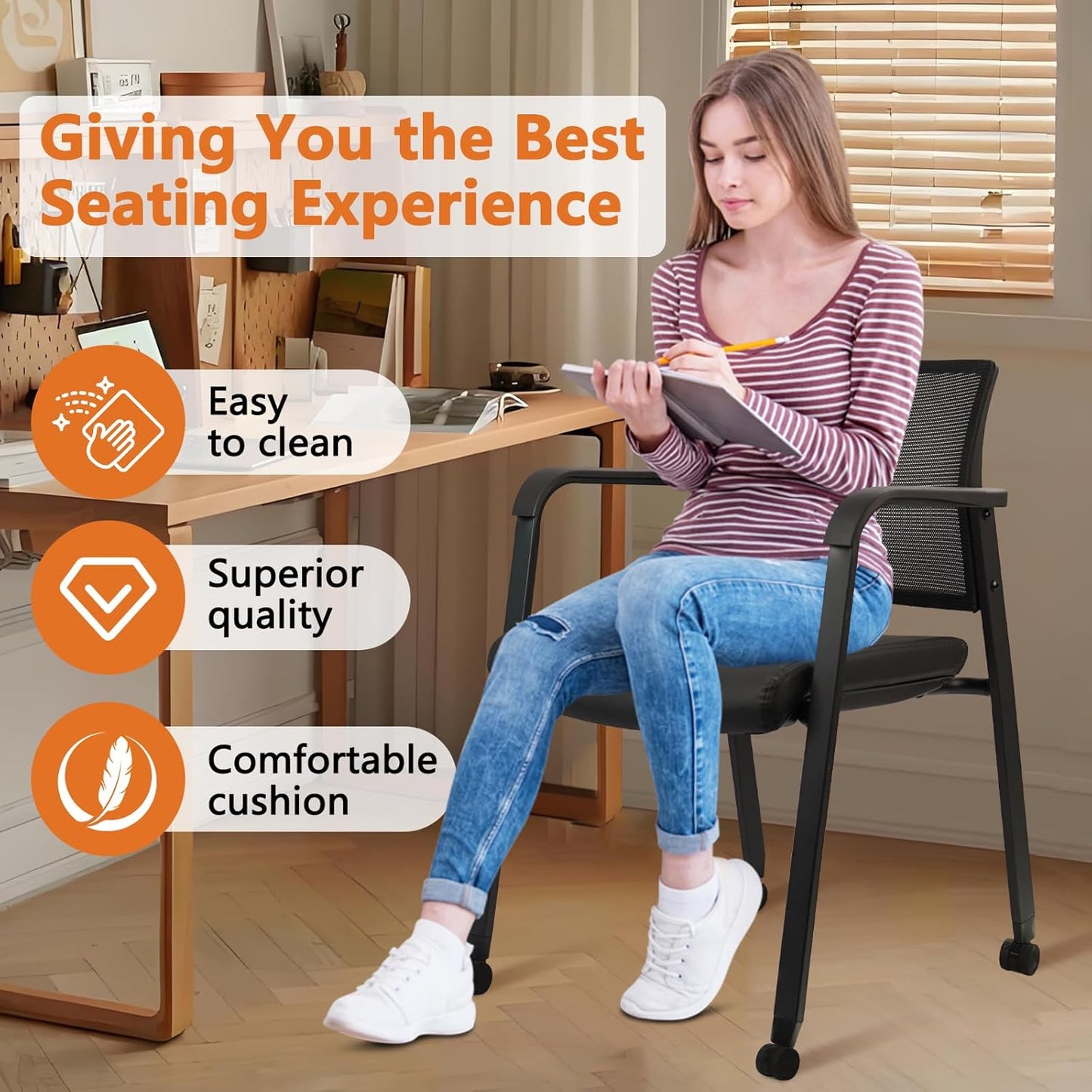 CLATINA Stacking Office Chair with Wheels, Mesh Back Waiting Room Guest Chairs with Arms Comfortable Leather Cushion Stackable Desk Chair for Conference Reception School Side Stationary, Black