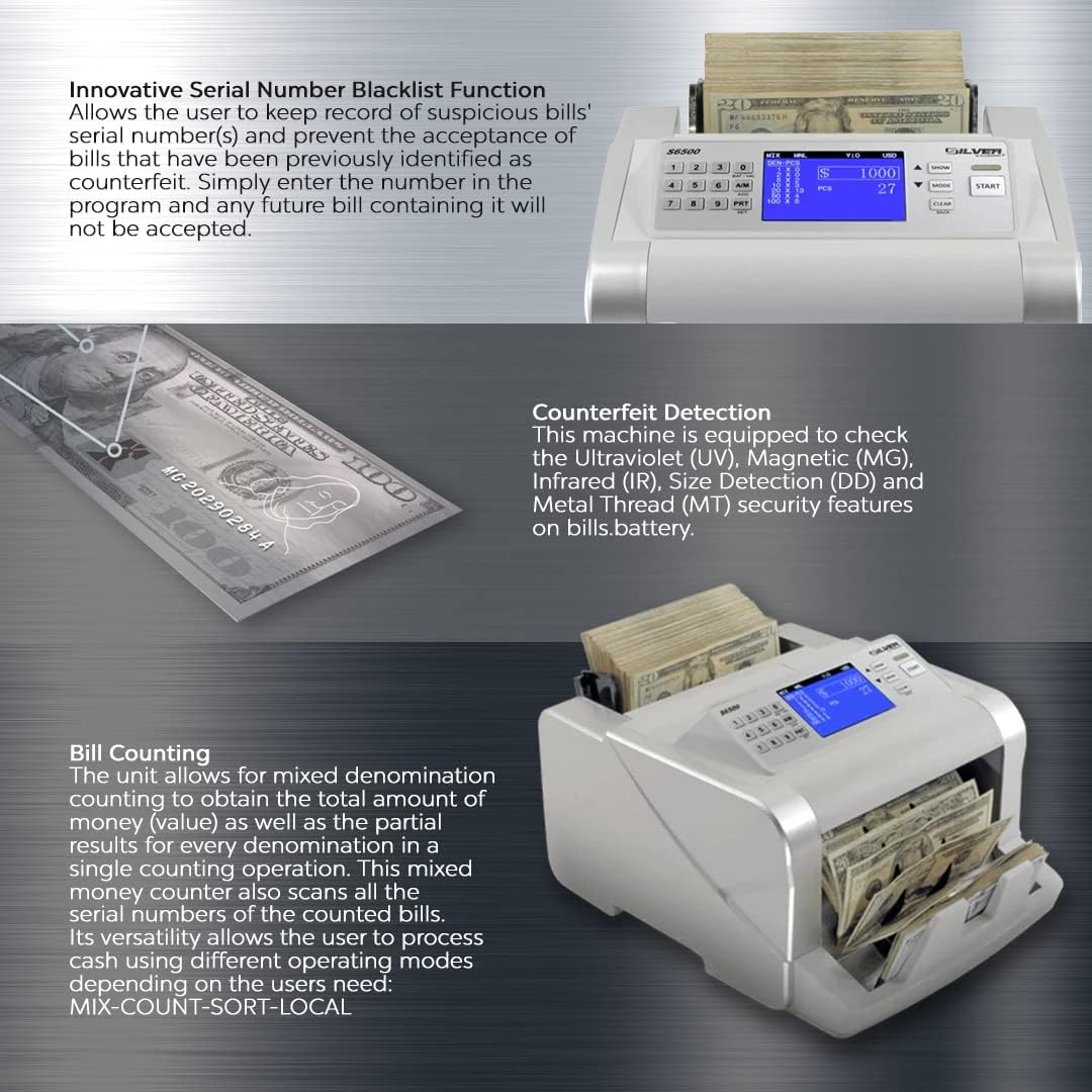 Money Counter Machine, USD EUR CAD GBP MXN Quick Mixed Denomination Bill Counter, 5-Point Counterfeit Detection UV/MG/IR/DD/MT/DBL/HLF/CHN, S6500