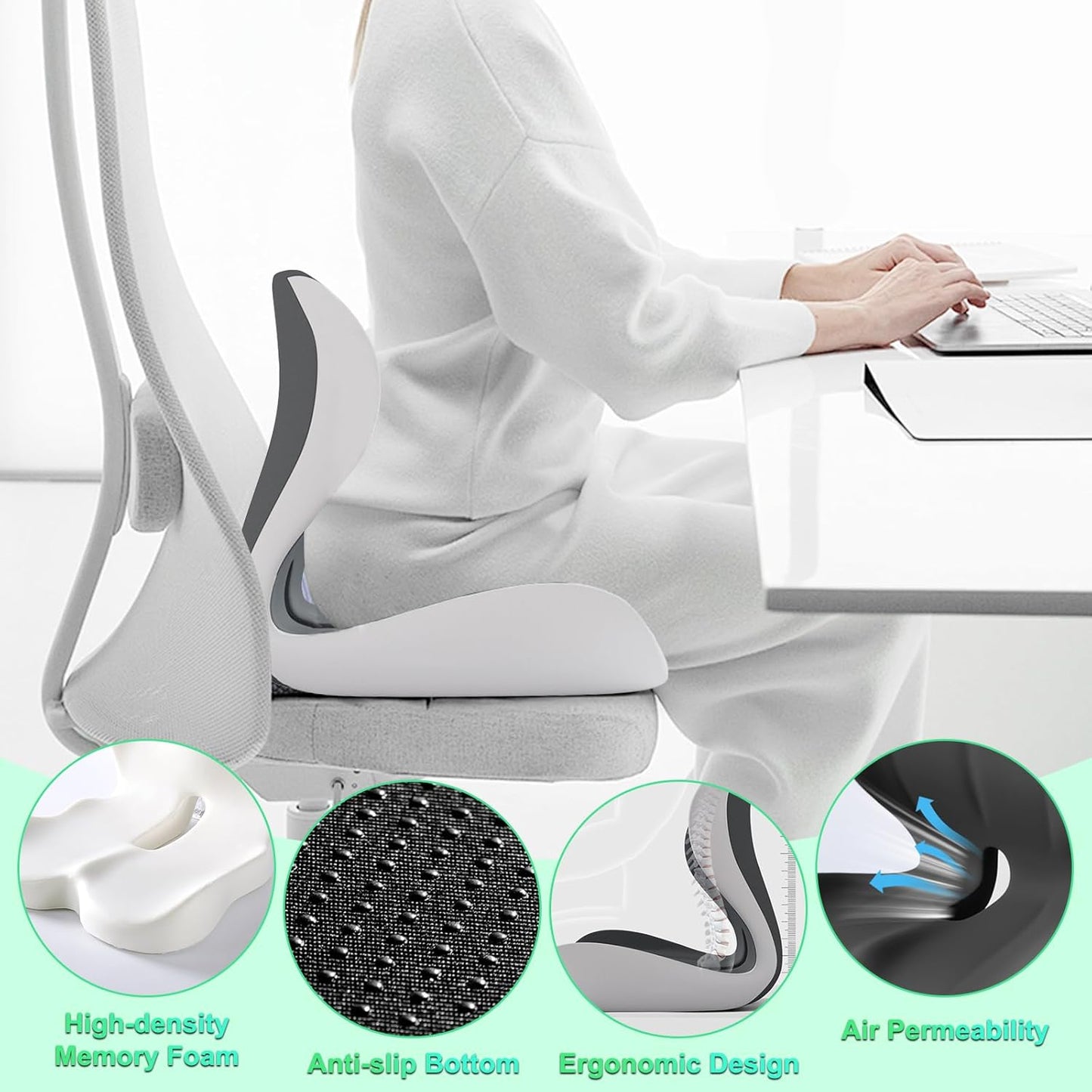 Buttocks Cushion for Office Chair Memory Foam Seat Pad for Butt Support Tailbone Relief Ergonomic Chair Cushion for Home Car Travel or Work (Off White)