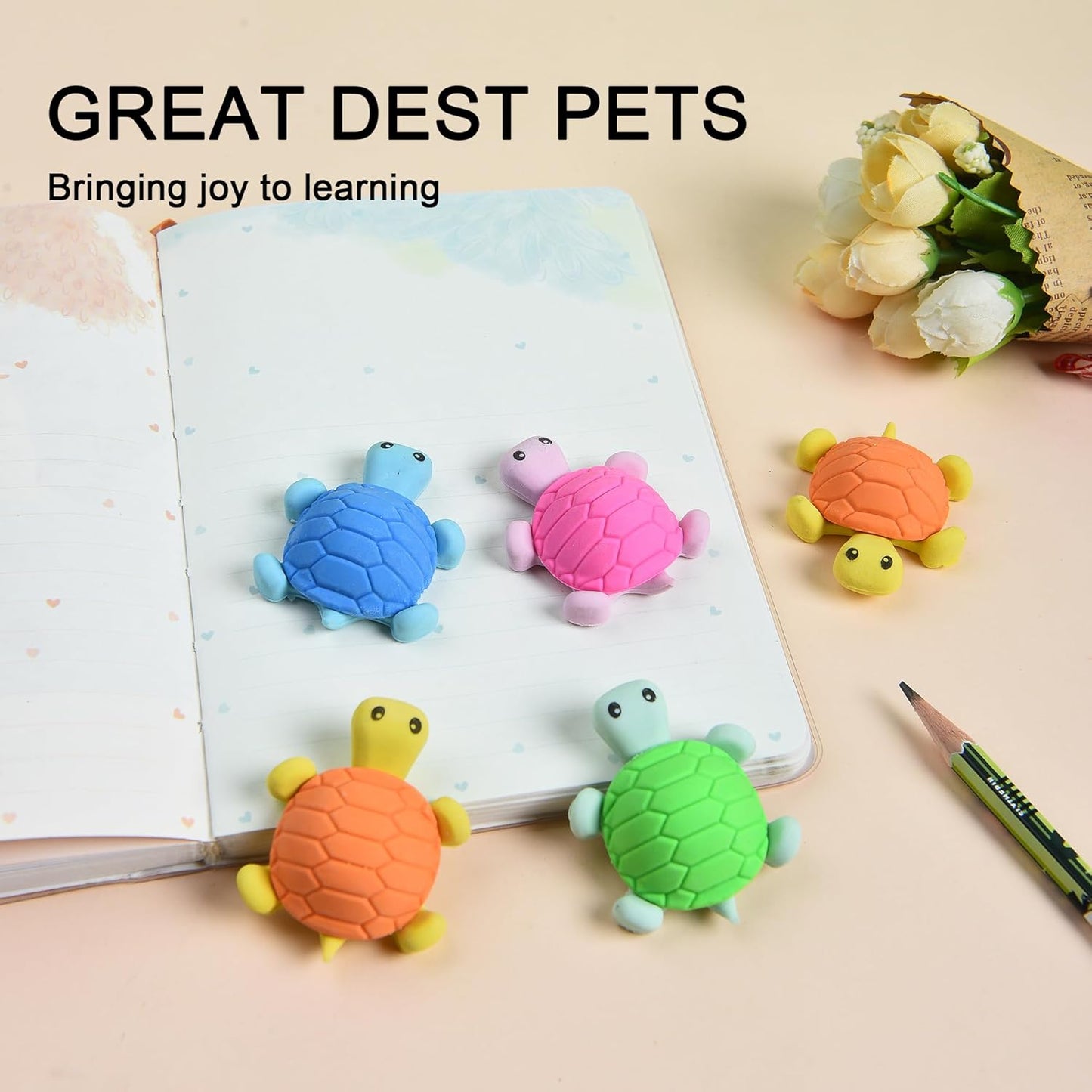 16 Pcs Cute Turtle Pencil Erasers for Kids, Novelty Rubber Turtle Desk Pet Erasers for Classroom Favors Party Supplies