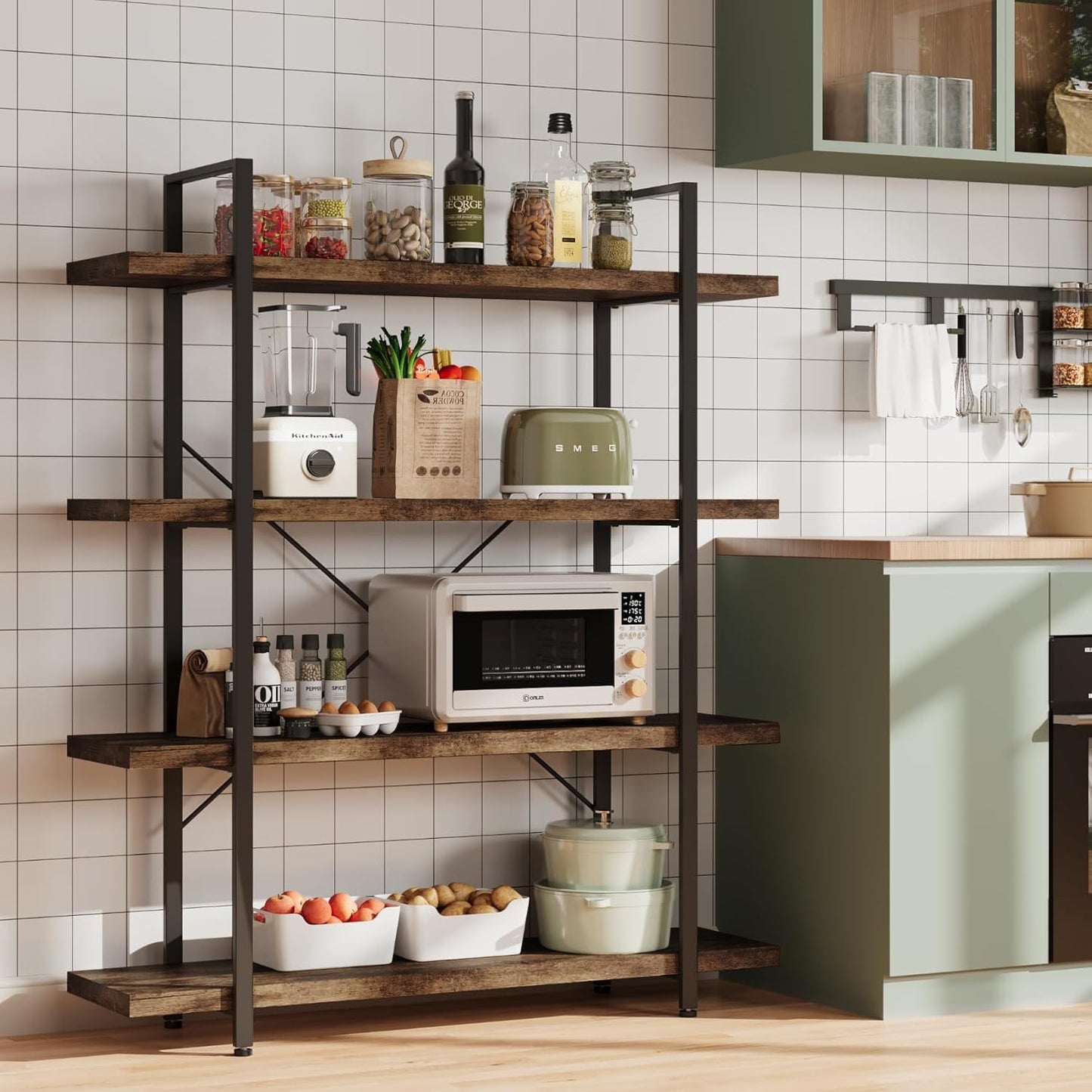 Bookshelf Set, Heavy Duty 4-Tier Industrial Bookcase, 47" Wide Wood Bookshelf for Home Office, 120lbs Shelf Capacity, Rustic Open Display with Horizontal Shelf for Living Room Bedroom