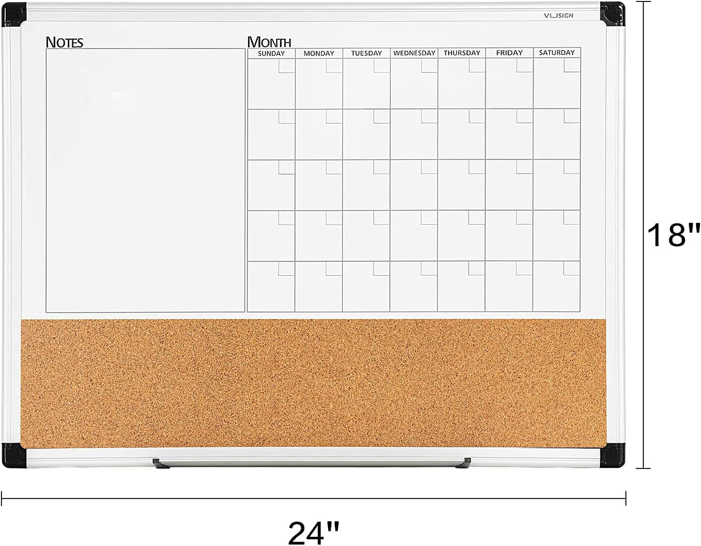 VUSIGN Monthly Calendar Whiteboard Dry Erase Cork Board Combo, 18" x 24" Planning Board, Silver Aluminium Frame
