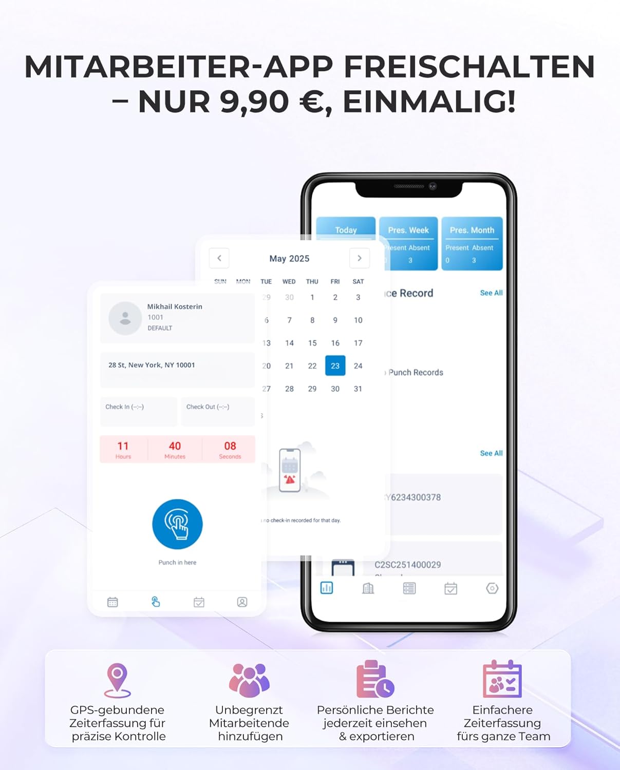 NGTeco Cloud Time Clock, Upgraded TC1 Remote Control 2.4GHz WiFi Time Card Machine for Small Business with Software & App for iOS/Android, Includes 5 RFID Cards No Monthly Fees