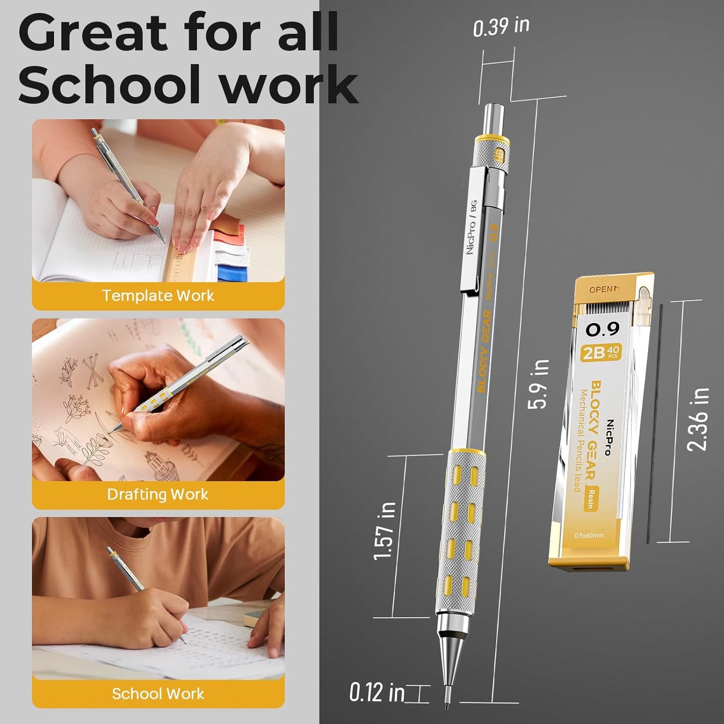 Nicpro Blocky Gear 0.9 mm Mechanical Pencils Set in Case, 3 Pack Metal Pencil 8 Tube with Lead Refills 0.9mm (HB 2B), 3 Erasers for Professional & Adult Art Writing Drafting Drawing