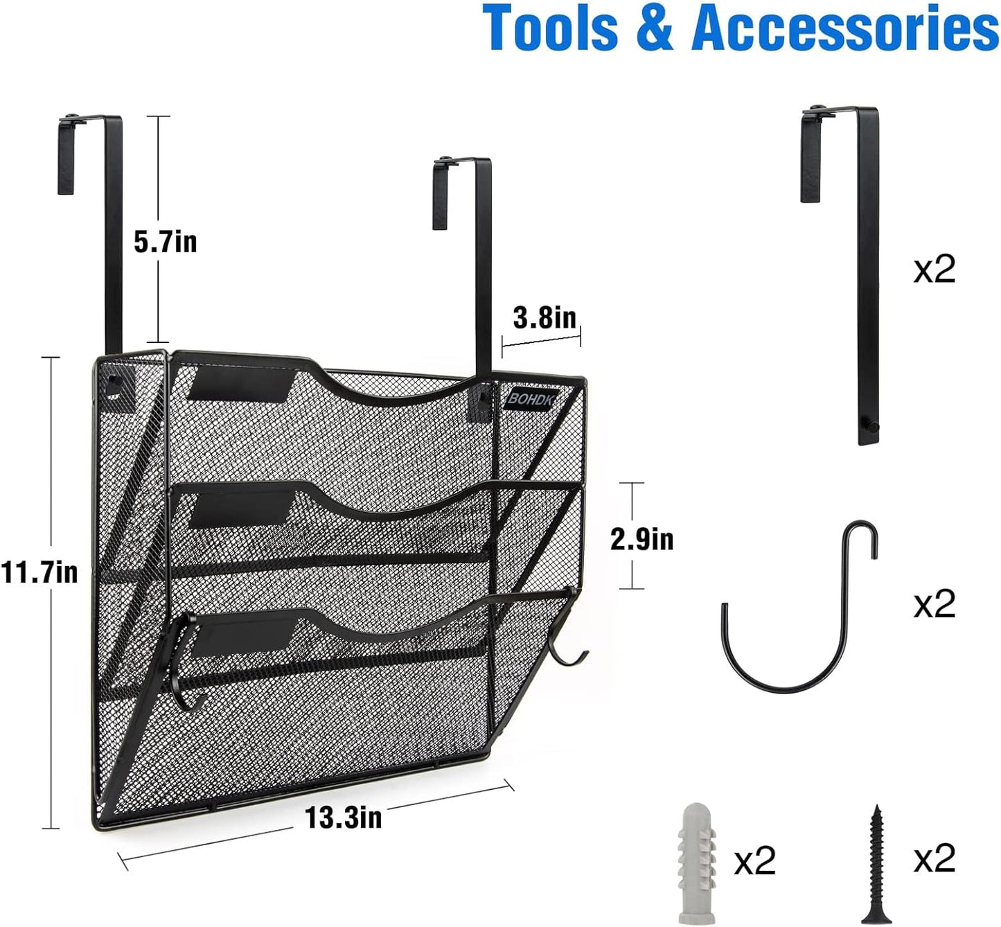 Wall File Organizer, 3 Tire Hanging File Folder Mail Organizer, Vertical Mesh Metal Door/Wall Mount Hanging File Holder, Paper Document Magazine Rack with Hooks for Home Office Black