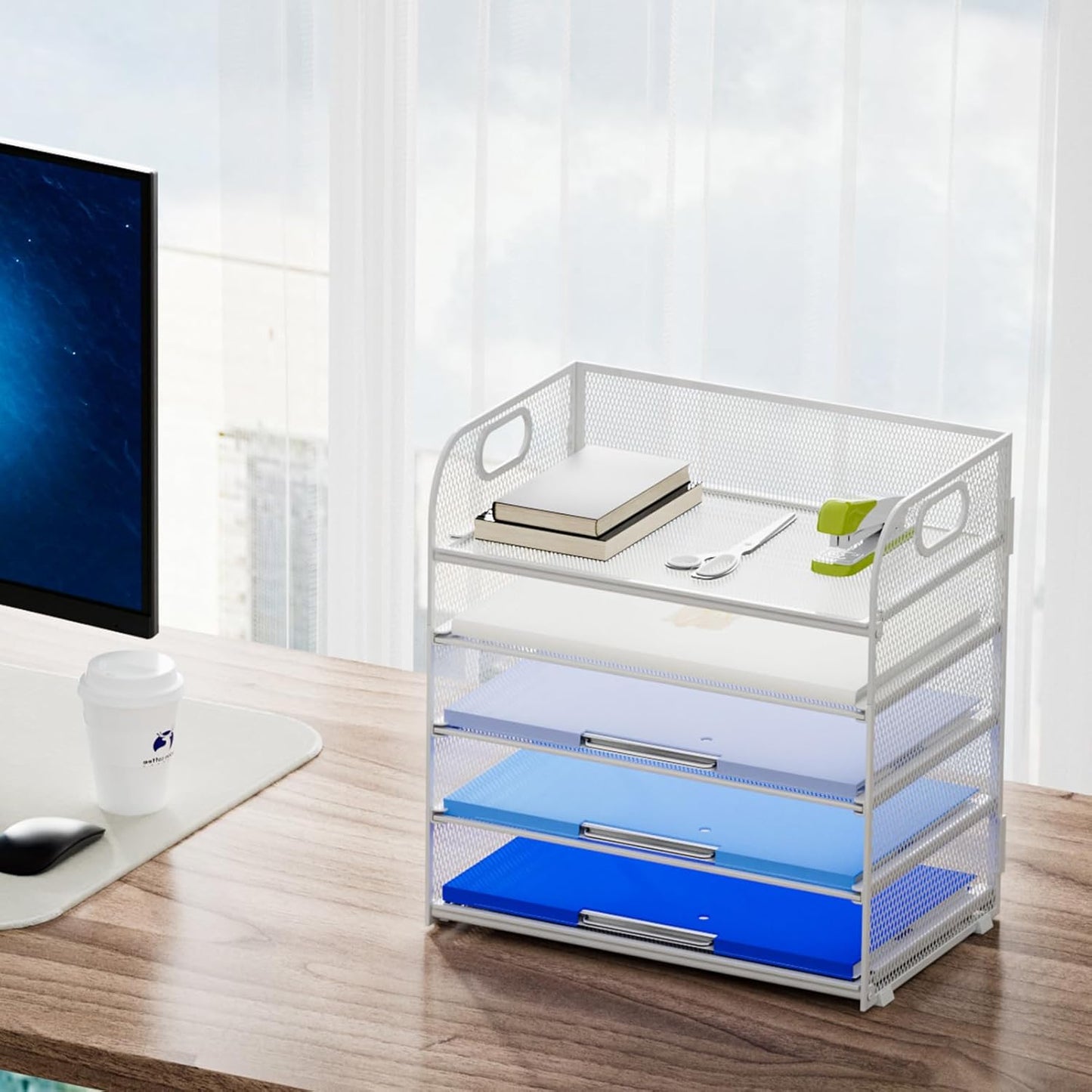 Marbrasse Paper Organizer Letter Tray, 5 Tier Mesh File Organizer with Handle, Paper Sorter Desk Organizer for Home Office Supplies - White