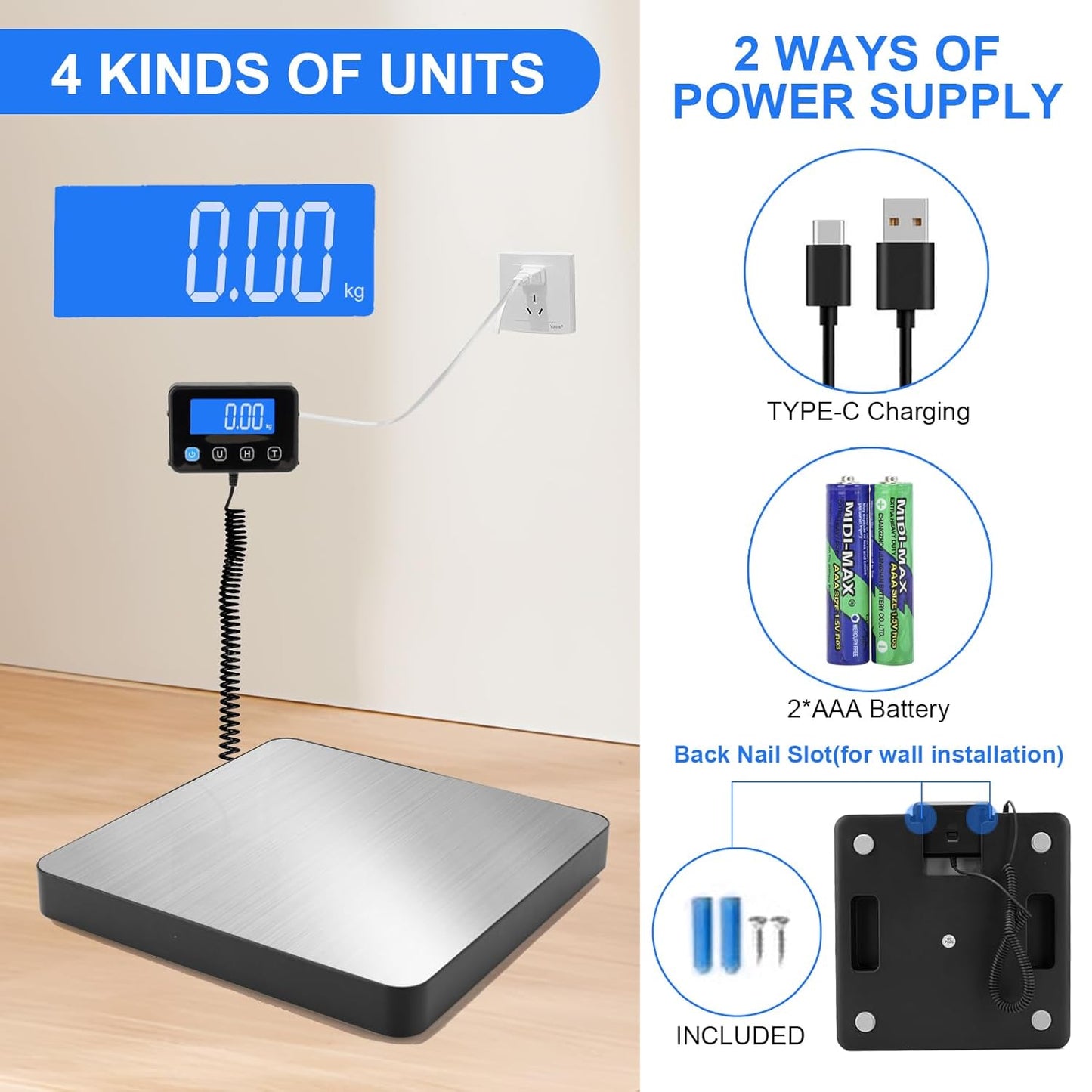 Digital Shipping Scale, 5g High Accuracy 440 lb Postal Scale with Hold and Tare Functions for Parcels/Luggage/Home, Manual/Auto Shutoff, Extended LCD Display, Batteries and AC Adapter Included
