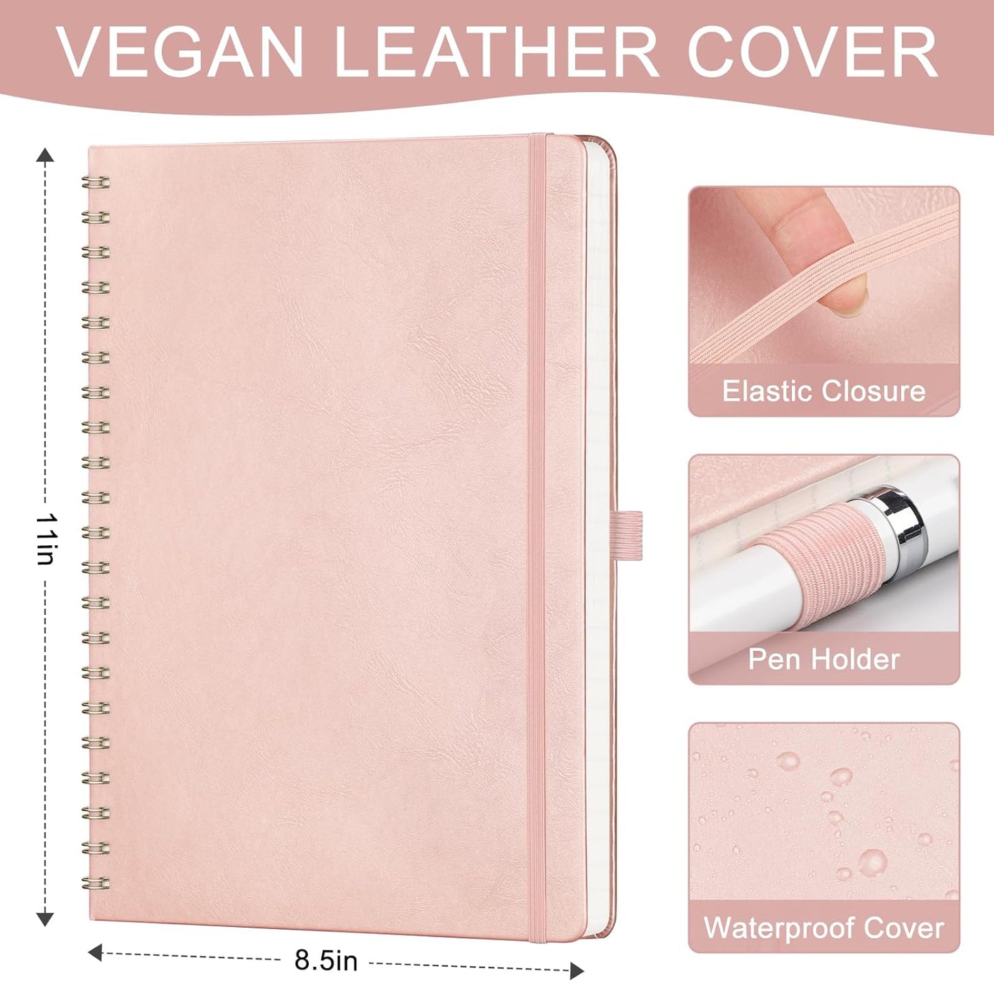 AHGXG Lined Spiral Notebook 8.5" x 11", A4 Large Notebook Journals for Women Men, Leather Hardcover, 100 GSM Thick College Ruled Paper, Notebooks for Work School Note Taking Writing, Rose Gold