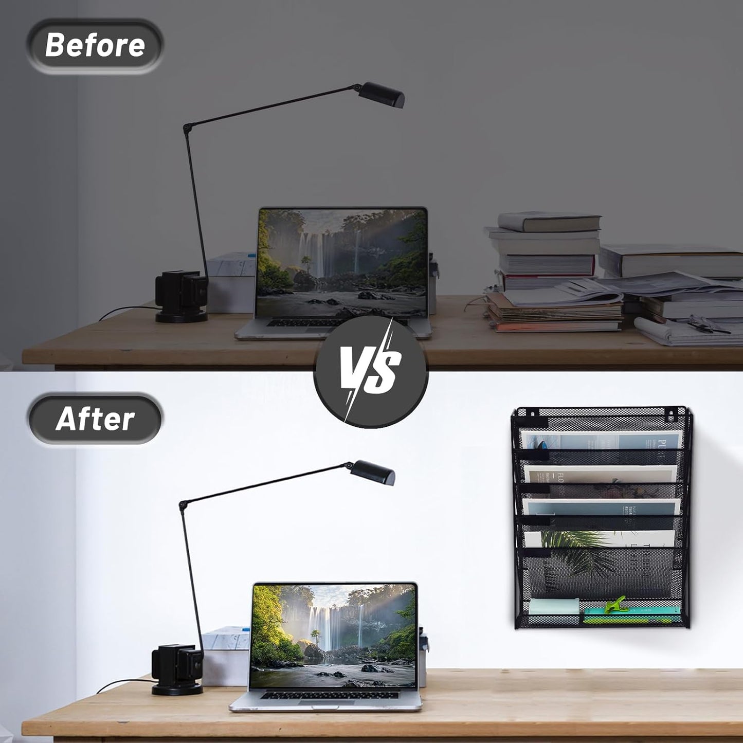 EASEPRES 6 Tier Mesh Hanging Wall File Organizer, Desk Mail Paper Document Folder Holder, Clipboard Storage Organization Magazine Rack with Bottom Tray and Nametag Label for Office Home School, Black