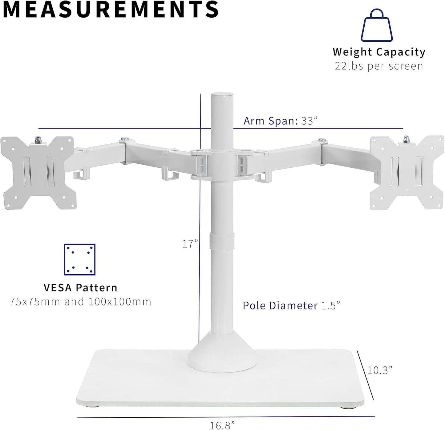 VIVO Freestanding Dual Monitor Stand with Sleek Glass Base and Adjustable Arms, Mounts 2 Screens up to 32 inch and 22 lbs Each, White, STAND-V002FGW