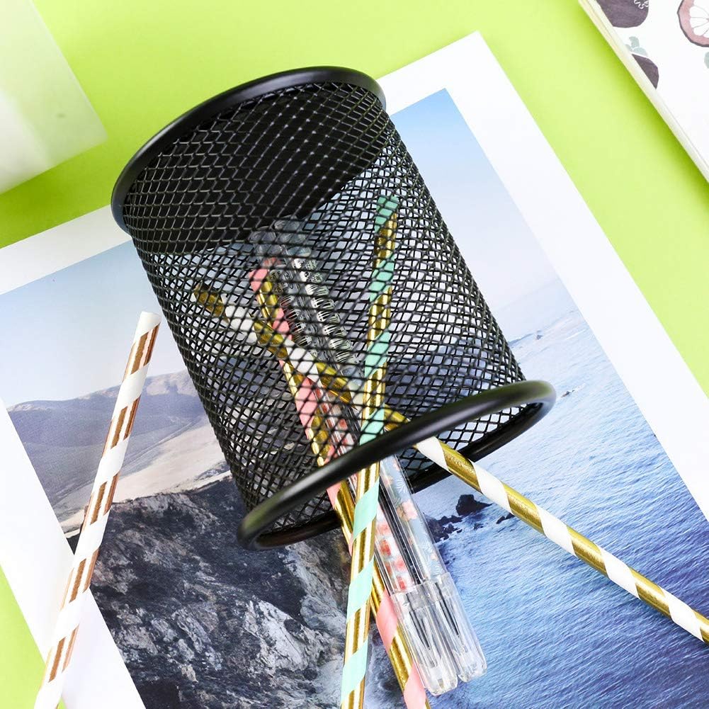 Ameceres 4 Packs Wire Mesh Pencil Holder Metal Pen Cup Desk Pen Organizer Case Pencil Jar Black for Office Home (DeepPink)
