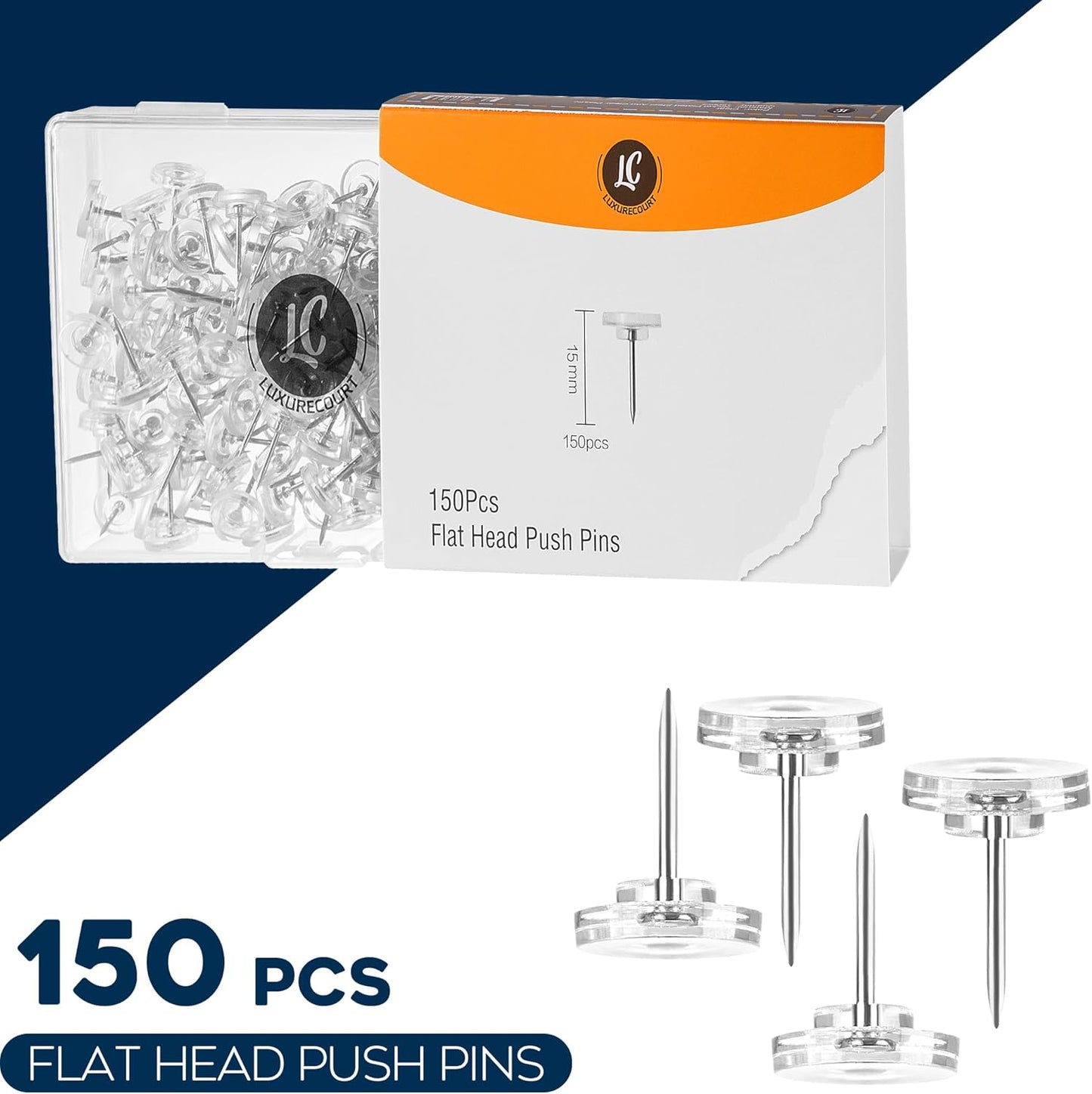 150 Pack Clear Push Pins Tacks by Luxurecourt, Flat Head Thumbtacks for Bulletin Board, Wall Hanging, Cork Board, Shadow Box, Heavy Duty Plastic Head with Steel Point in Reusable Storage Box.