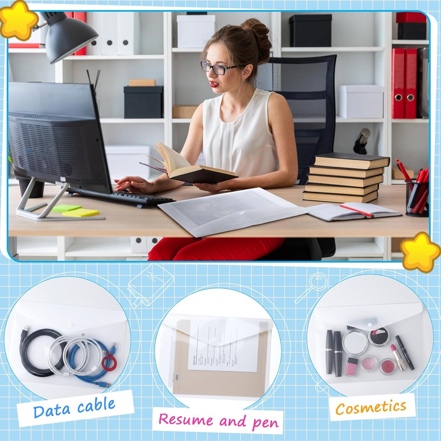 100 Pcs Clear Envelopes with Snap Button Closure Bulk A4 Letter Size Clear Plastic Envelope Folder Document Organizer File Folders for Office Home (Milky)