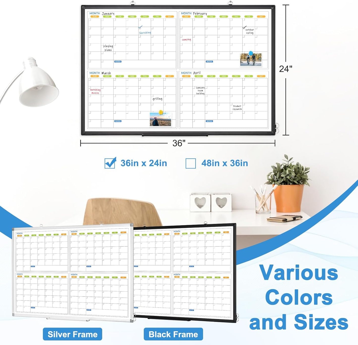 Dry Erase Calendar For Wall 4 Month, WALGLASS 36" x 24" Large Double-sided White Board Calendar, Dry Erase Monthly Planner Board, Black Aluminum Frame Hanging Wall Mounted Board for Office Home School