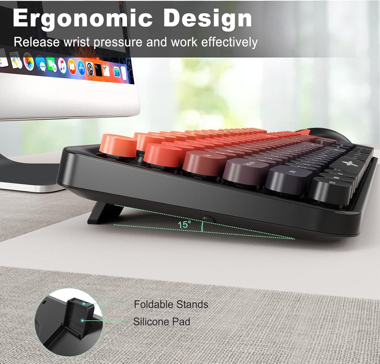 Wireless Keyboard and Mouse Combo, 2.4 GHz Full-Sized Typewriter Keyboard and Mouse Wireless with Round Keycaps for Windows, Computer, Desktop, PC, Laptop (Black Orange)