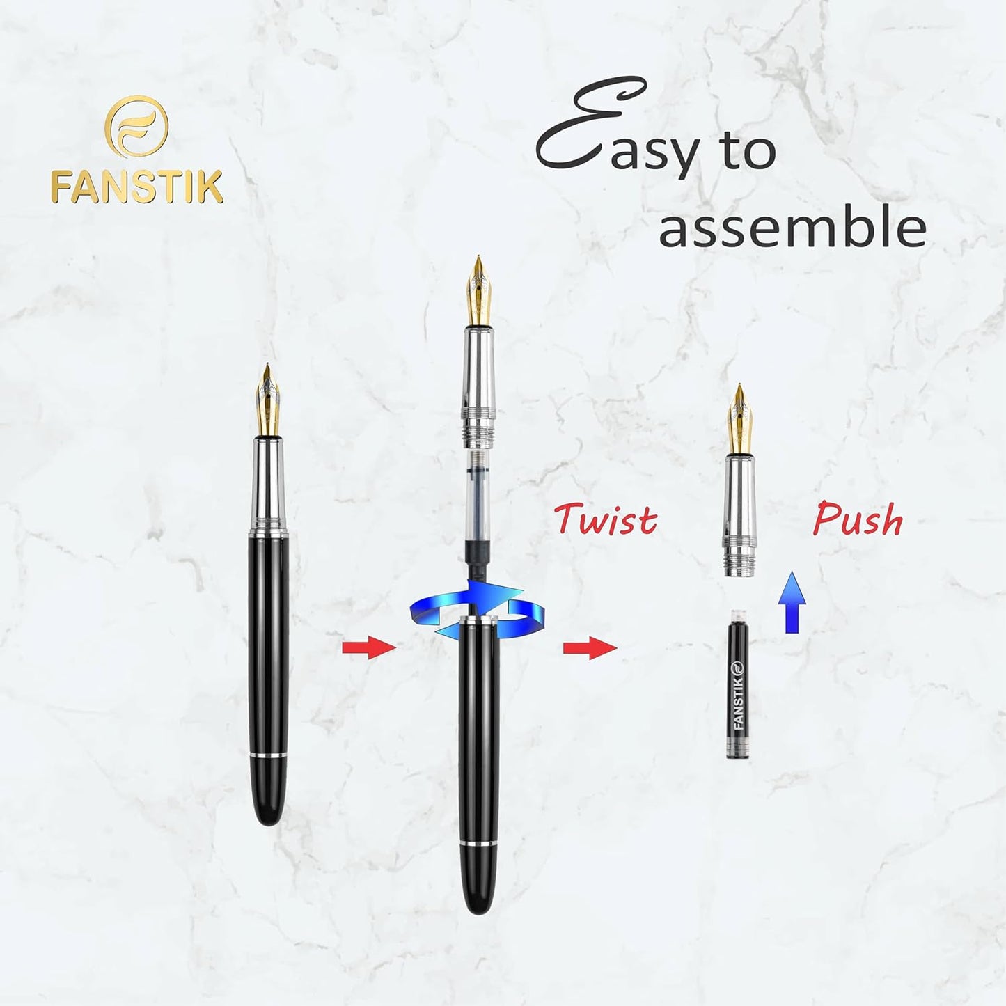 Customized Fountain pen with name (MADE IN USA), stainless steel, black and Silver, luxury engraved pen personalized for men and for women. (Fountain Black-Silver)