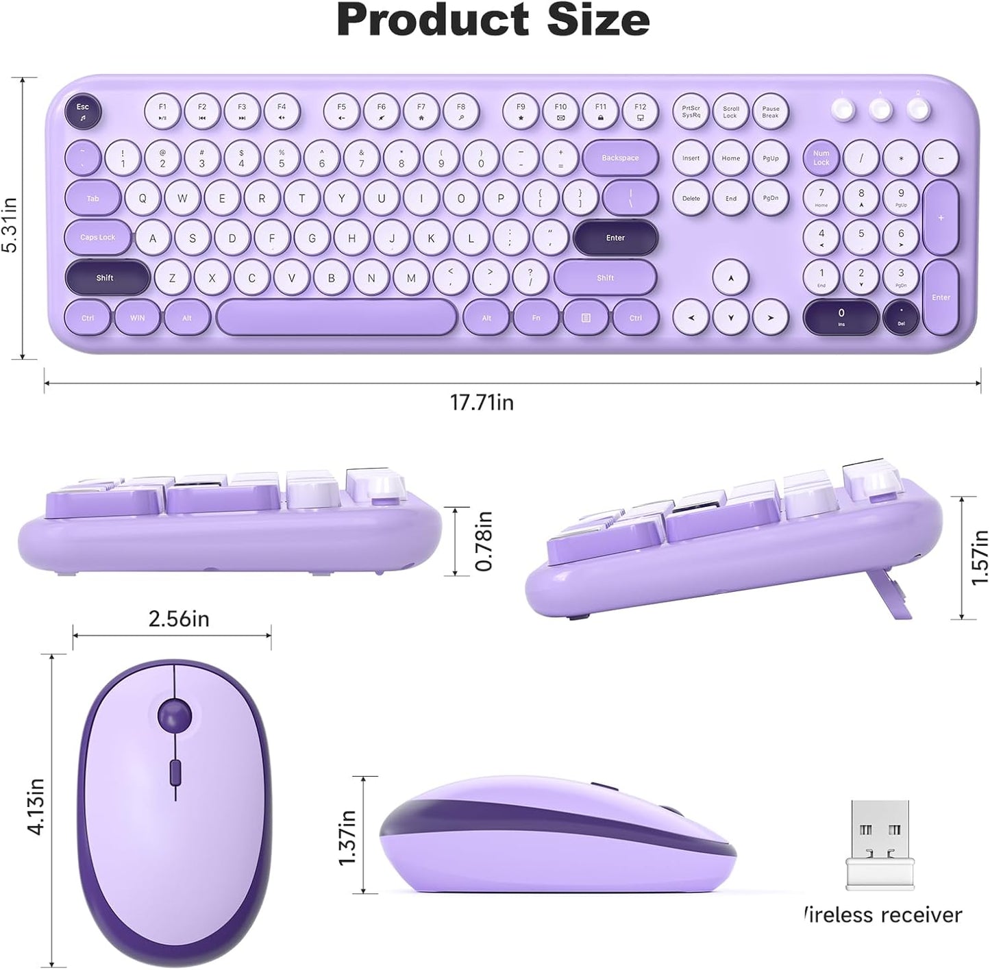 MOFII Wireless Keyboard and Mouse, Retro Typewriter Keyboard and Silent Mouse, 2.4GHz Full Size Keyboard and Mouse Wireless Combo for Laptop, PC, Desktop, Windows (Violet)