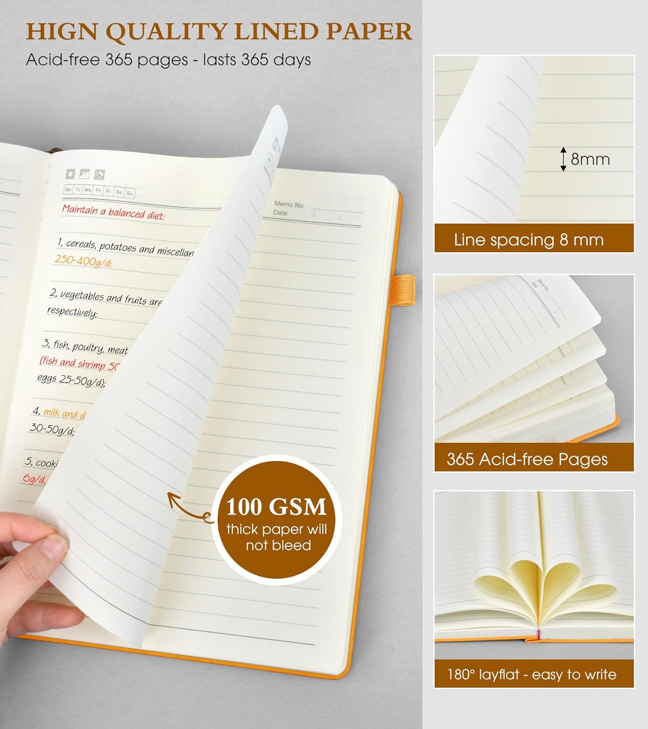 A4 Lined Journal Notebook,365 Page Large Leather Journals for Writing Women Men,Hardcover Notebook with 100Gsm Thick Pages for Travel,Work,School,College Ruled, Daily Diary (8.5" x 11.4")