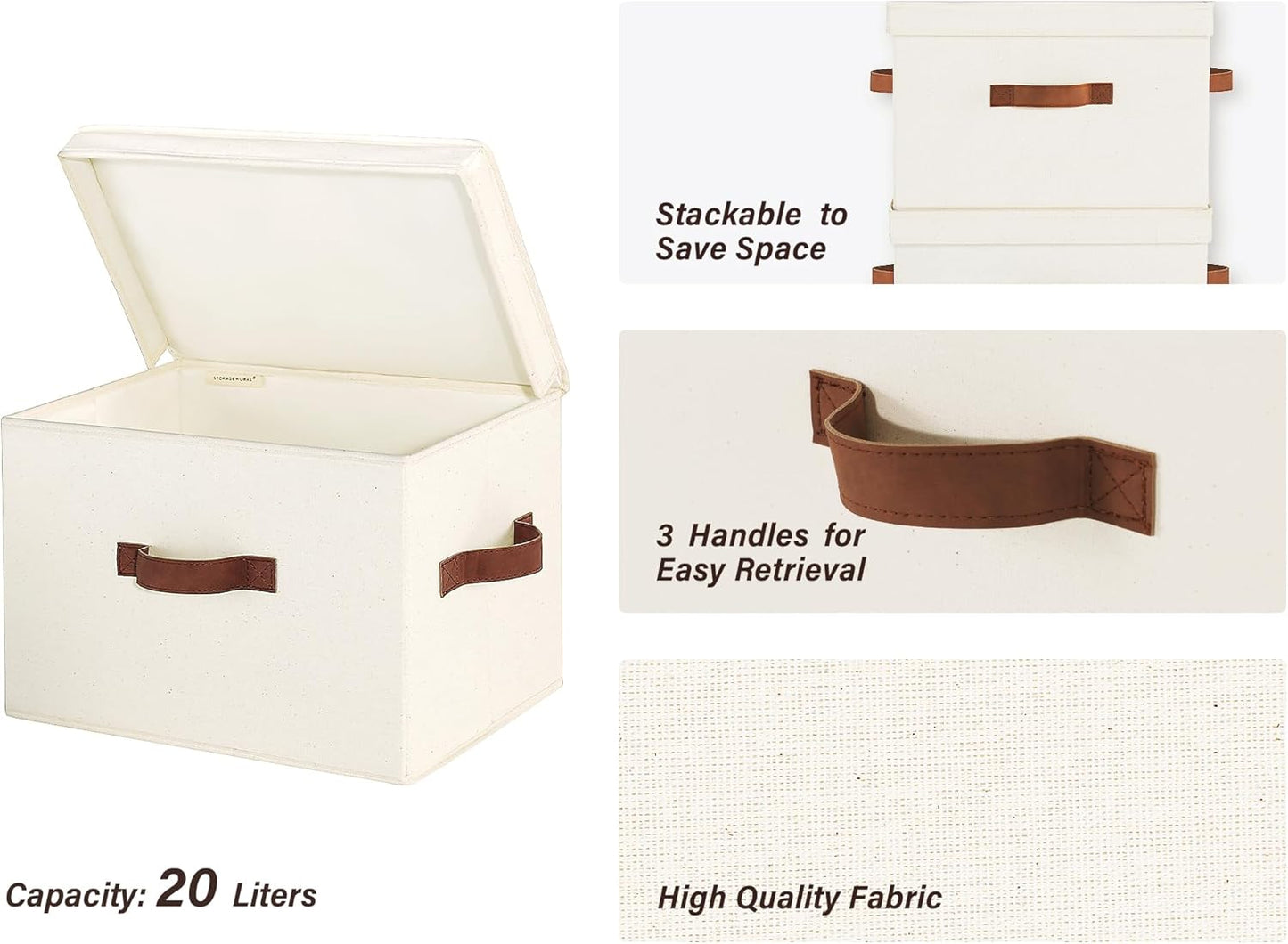 StorageWorks Fabric Storage Bins with Lid, Decorative Storage Boxes for Shelves, Stackable Closet Organizer Basket with Handles, Large, Ivory White, 2-Pack