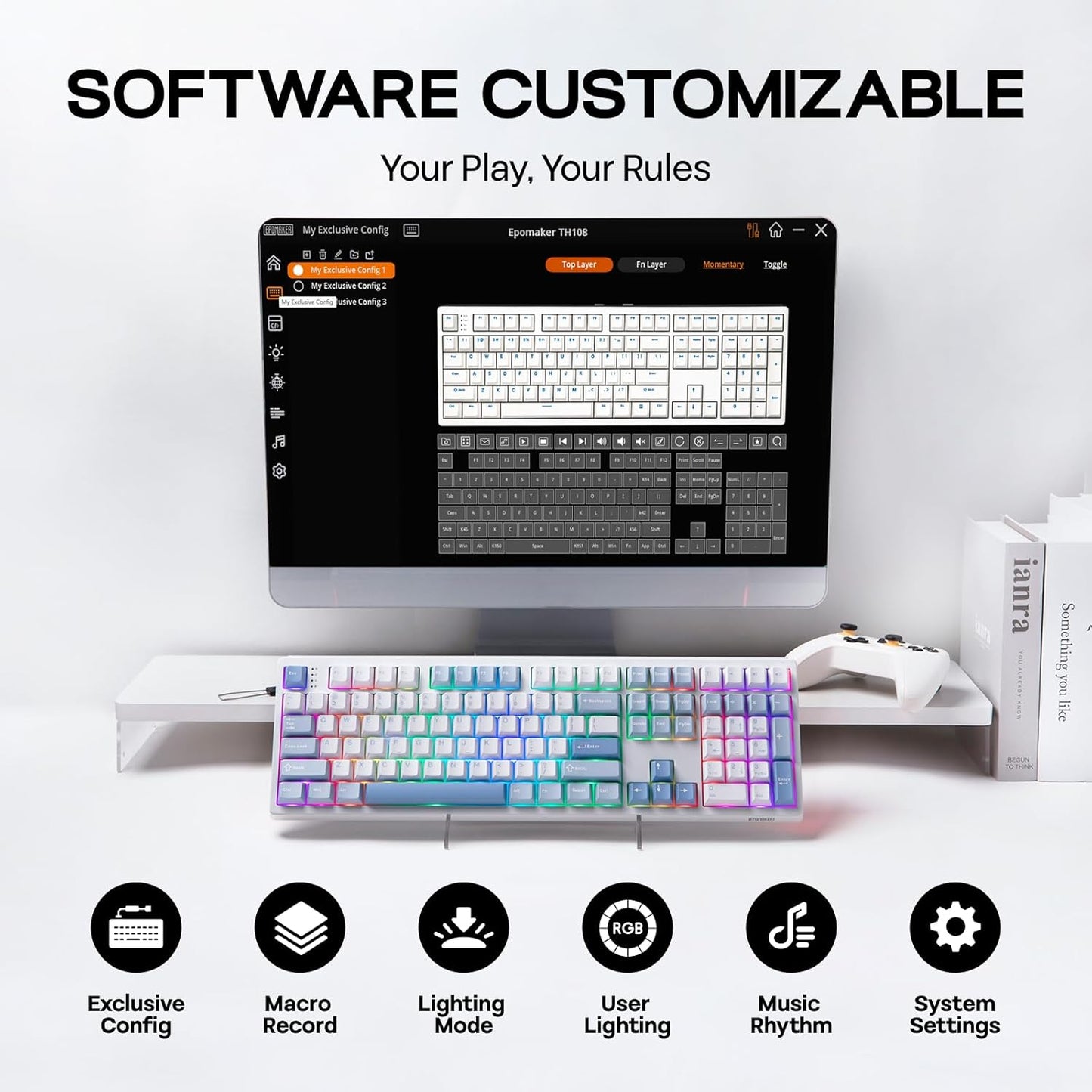 EPOMAKER TH108 Full Size Mechanical Keyboard, Wireless Gaming Keyboard with 8000mAh Battery, Creamy Gasket, 108 Keys, Hot Swap, Custom Driver, RGB Backlight (Blue&White, Creamy Jade)