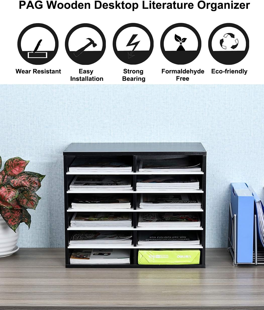 PAG Countertop Mail Sorter Organizer, Wooden Literature Organizer, Student Mailbox for Classroom, Desktop Bill Organizer for Office Home School, 12 Compartments, Black&White