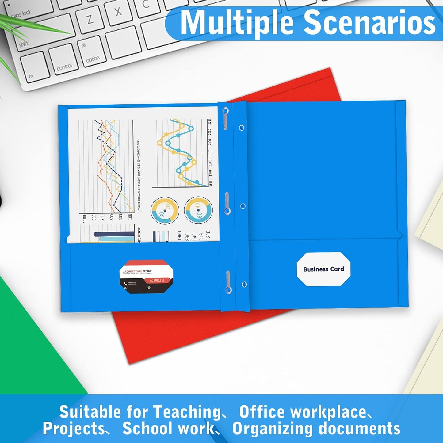 Two Pocket Folder, HERKKA 100 Pack 2 Pocket Folders with Prongs, Business Card Slots Letter Size Paper Folders Designed for Office and Classroom Use, Assorted 5 Colors