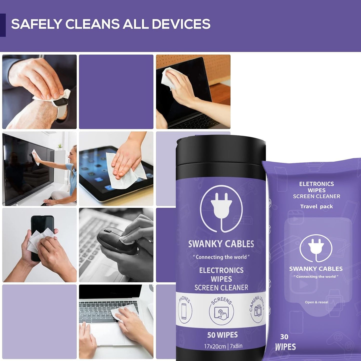 Screen Cleaner Wipes Bundle - Electronic Wipes for Screens, Computer, Phone, TV, Monitor and Lens, Tech Cleaning Supplies, Includes Microfiber Cloth - 2 Canister & 2 Soft Wipes