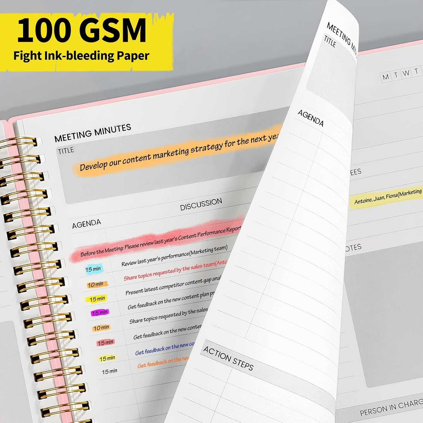 SUNEE Meeting Notebook for Work with Sticky Tabs - 160 Pages, A4 Size Project Planner, Spiral Meeting Agenda/Minutes Notebook Organizer for Women Men, Note Taking, Office & Business, 8.5"x11", Pink