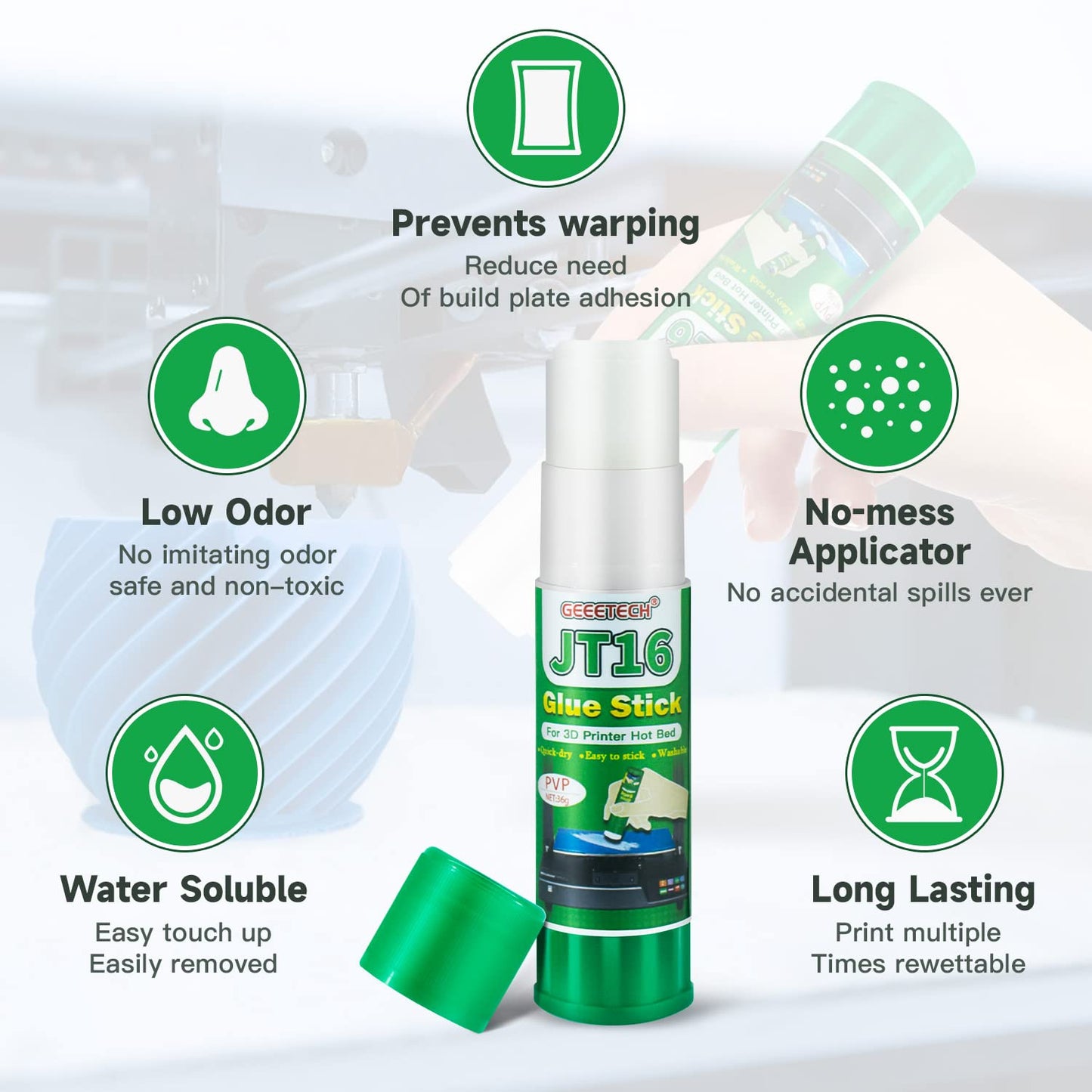 Geeetech 6pc 3D Printer Glue Sticks, 3D Printer Bed Adhesive for Hot Bed Printing, 36 Gram Each, Washable, PVP Solid 3D Print Glue Stick 3D Gloop for PLA/ABS/PETG/PC/PA/TPU