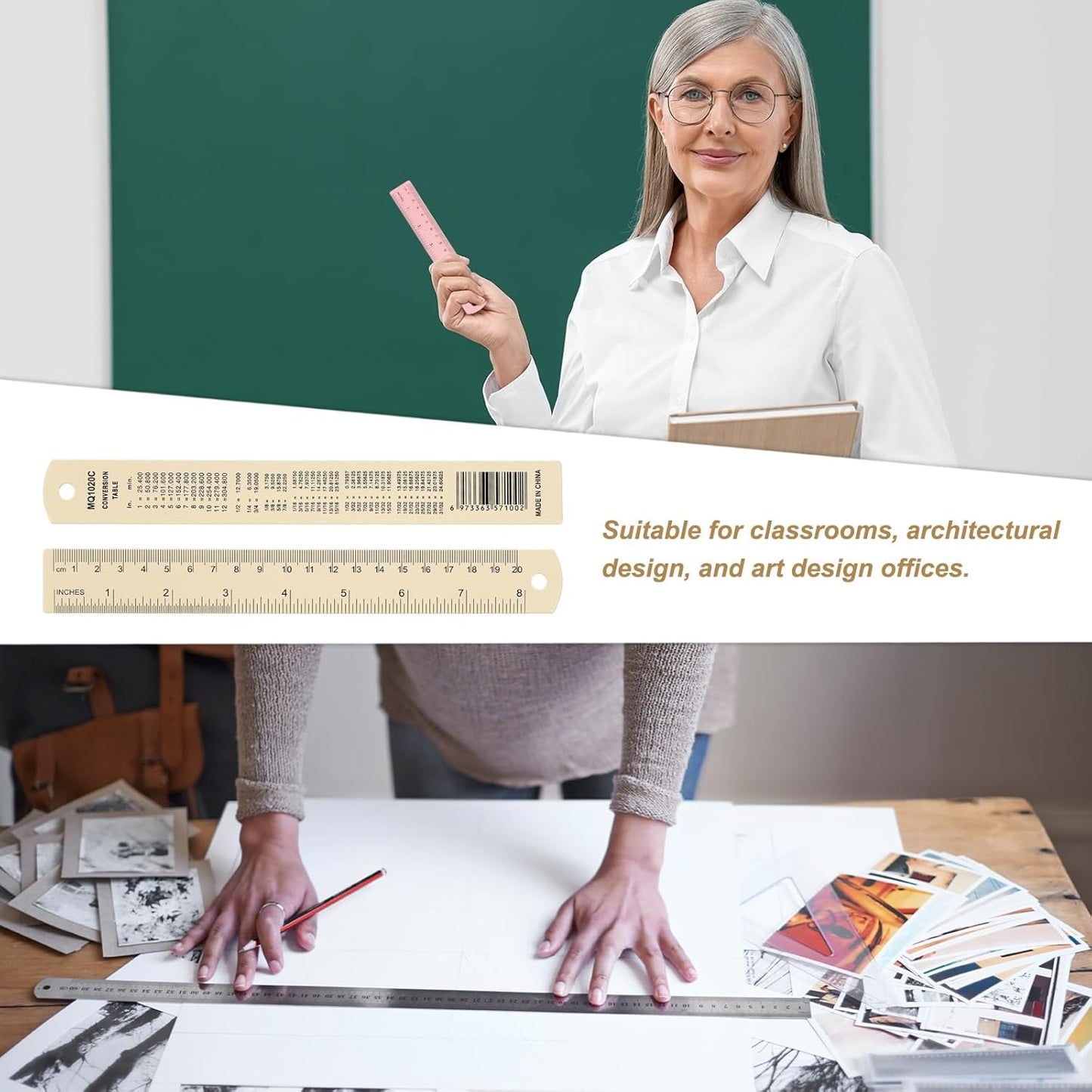 HARFINGTON 2pcs Metal Straight Ruler 20cm Metric SAE Aluminum Alloy Measuring Rulers Scale Tool with Hole for Measure Study Reading Classroom Office, Beige