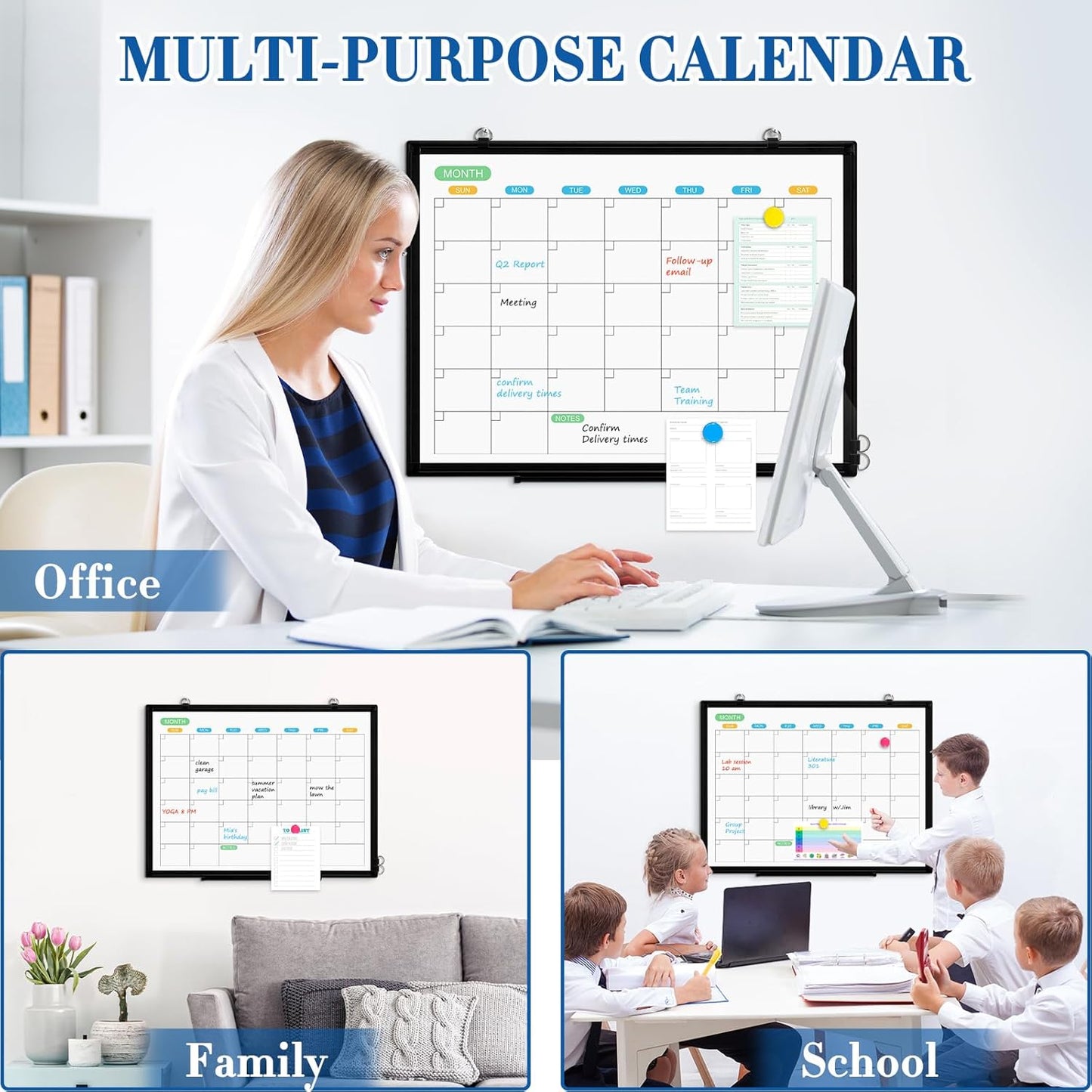 WALGLASS Dry Erase Calendar Whiteboard for Wall, 24" x 18" Double-Sided Monthly Calendar White Board with Black Aluminum Frame, Hanging or Wall Mount Dry Erase Whiteboard for Home, Office, School
