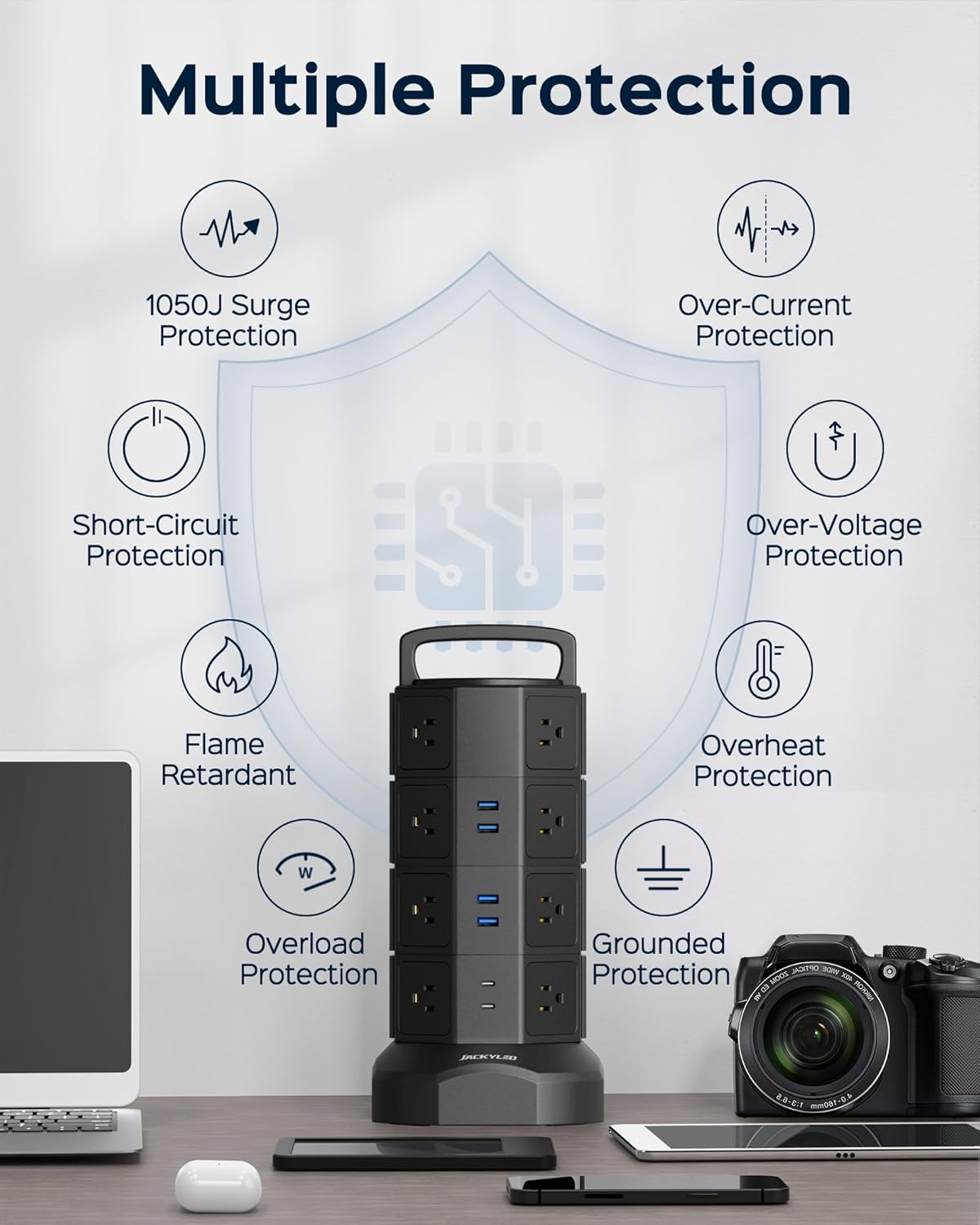 Power Strip Tower Surge Protector, JACKYLED 16 Outlets 6 USB (2 USB C) Charging Station, Extension Cord with Multiple Outlets, 1050J 1625W/13A Outlet Extender 6.5ft Extension Cord for Home Office