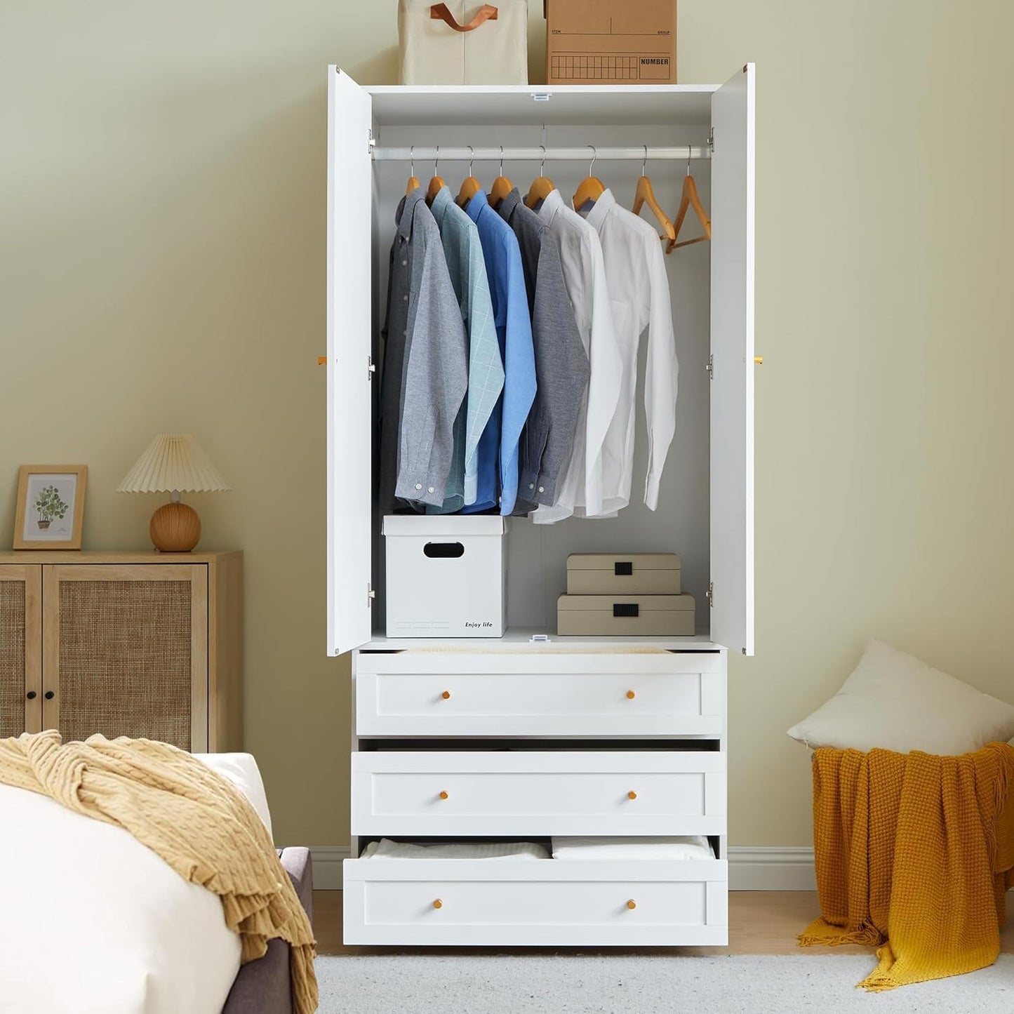 Wardrobe Armoire Wooden Closet with 2 Doors,71" Closet Armoire Set of 2,3 Drawers Household Freestanding Wooden Storage Cabinet for Bedroom (White)