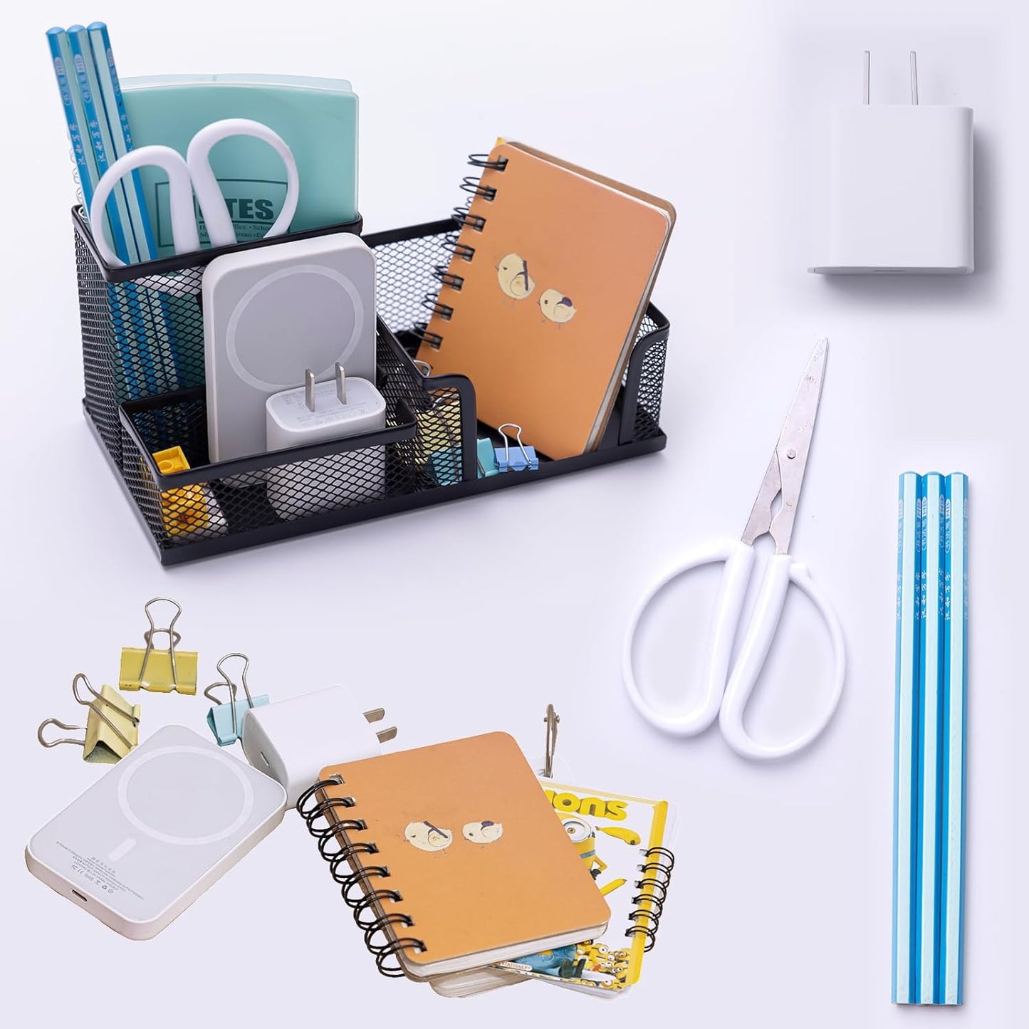 Pen Holder Mesh Metal Pencil Holder Desk Organizers Black for Desk Office with 3 Compartments Pencil Holders,Desktop Storage Caddy Organization,Suitable for School, Home,Black