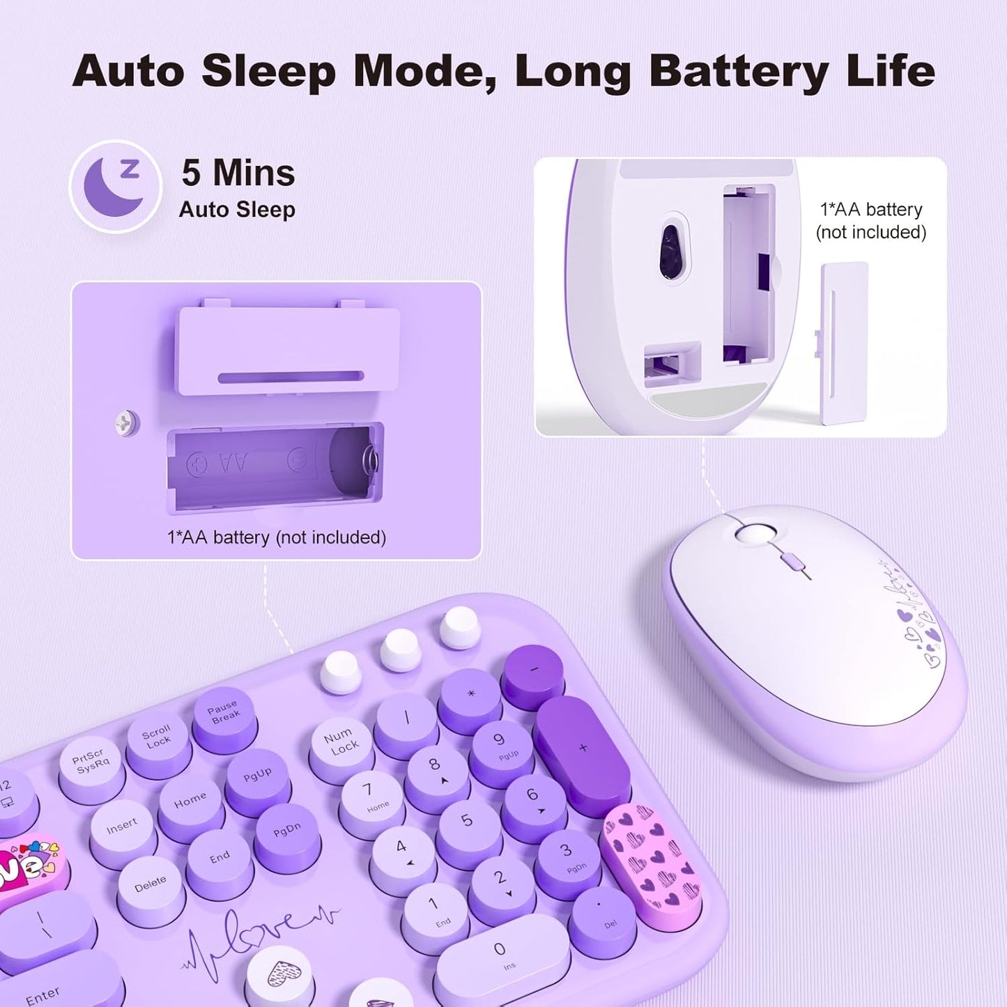 MOFII Wireless Keyboard and Mouse Combo, Cute Colorful Full Size Keyboard and Adjustable Mouse, 2.4GHz Retro Typewriter Keyboard and Mouse Set for PC/Desktop/Laptop/Windows (Purple Colorful)