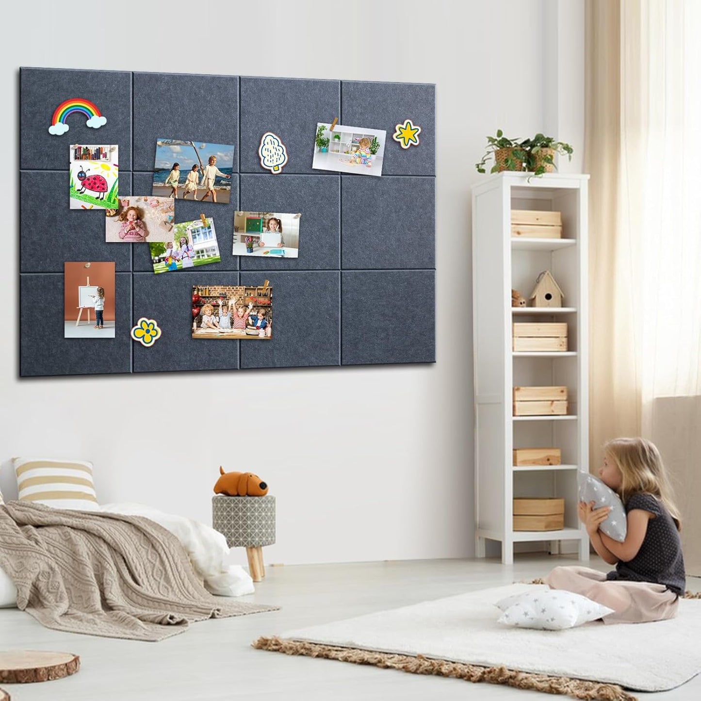 Large Cork Bulletin Board - 48" x 36" Cork Board for Walls - 12 Pack Felt Wall Tiles with Safe Removable Adhesive Tabs - Bulletinboard for Office Classroom Home Decor - Drak Grey