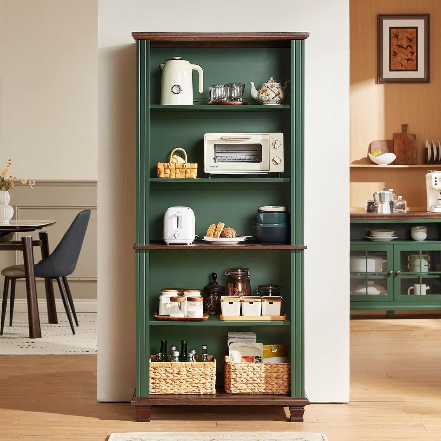 70" Tall Green Bookshelf,5 Tier Wooden Book Shelf with Adjustable Shelves & Wood Legs,Free Standing Farmhouse Bookcase with Open Display Storage,Vintage Bookshelves for Library, 3PCS