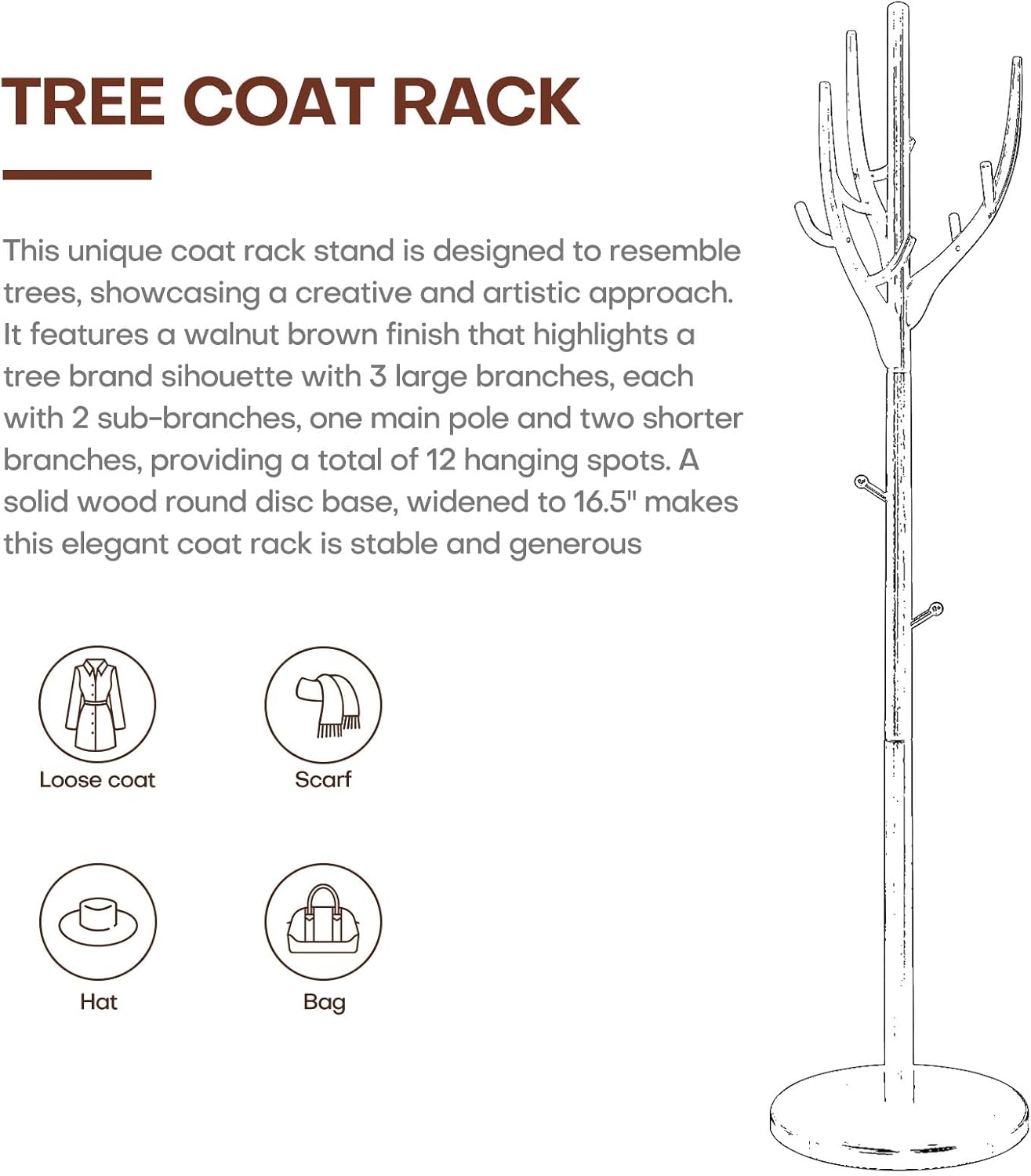 Wood Coat Rack, Coat Tree Freestanding Wooden Coat Rack Stand with 12 Hooks, Heavy Duty Hall Tree Coat Hat Stand with Sturdy Base, Free Standing Coat Racks for Entryway, Bedroom, Brown