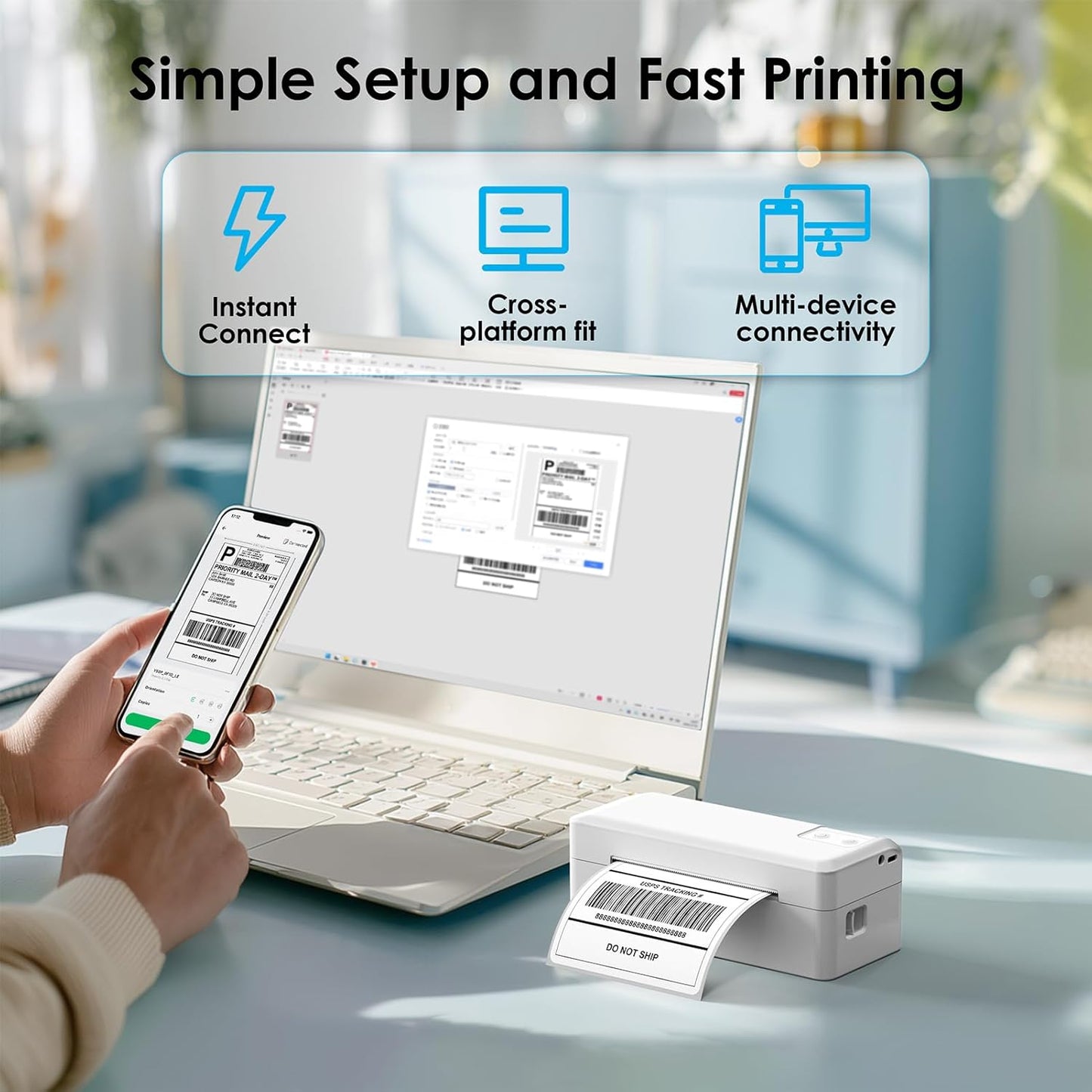 Shipping Thermal Label Printer, 4x6 Portable Label Printer, Bluetooth Label Maker for Small Business, Support iPhone,Android,Windows,Mac,Chromebook,Works with USPS, Ebay,Shopify&More, White