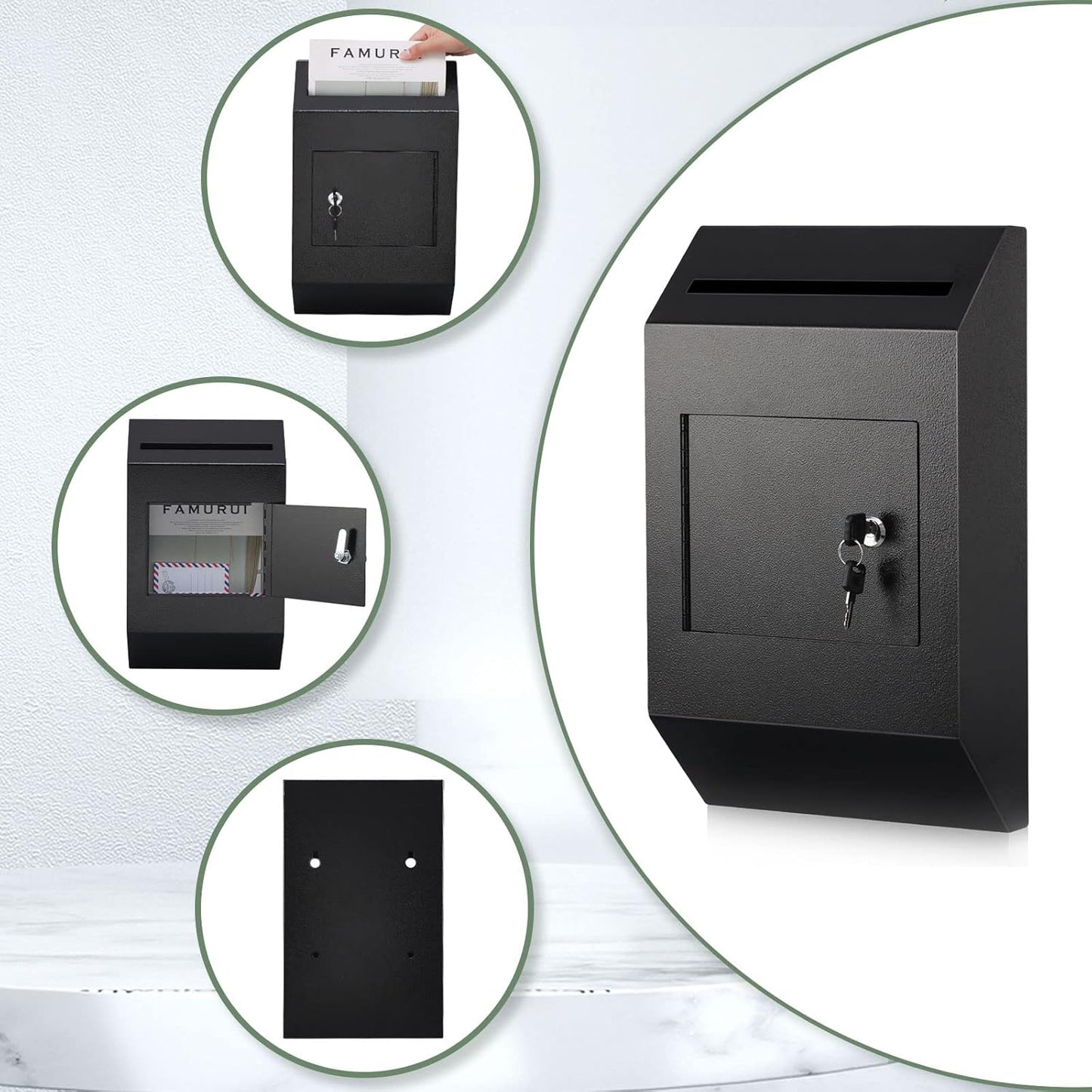 xydled Wall-Mount Mailbox,Heavy Duty Deposit Drop Box Suggestion Box, Locking Metal Key Drop Box with Key Lock, Cash Money Drop Box Safe Storage Box Postbox for Home&Business Use,16.3’’x10’’x4’’,Black