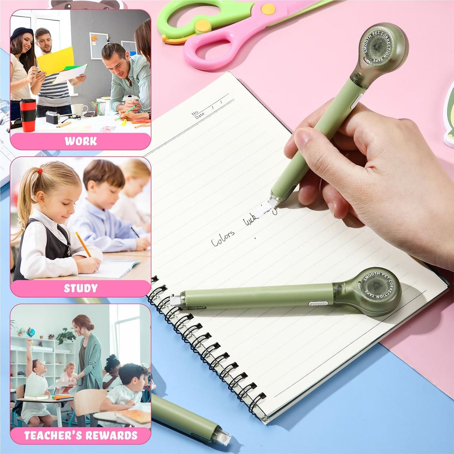 10 Pack Correction Tape Pen Correctional Ink Tape Push Pull Protective, Easy to Use Applicator for School Office Supplies, 0.2 x 236 Inch (Green Color)