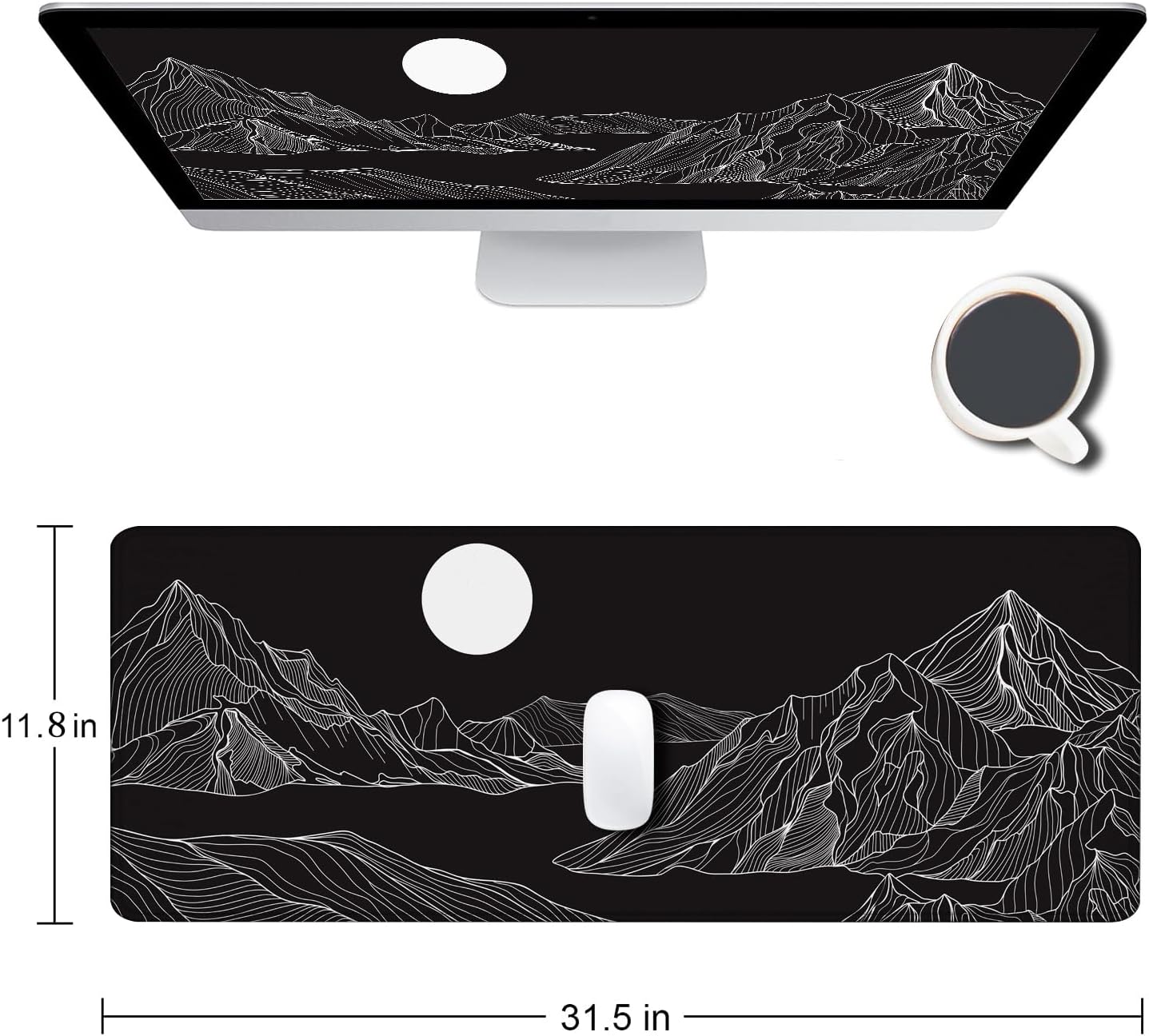 Large Mouse Pad Gaming, Mousepad with Stitched Edges, Non-Slip Rubber Base Keyboard Mouse Mat Desk Pad for Work, Game, Office, Home, Black and White Abstract Mountain