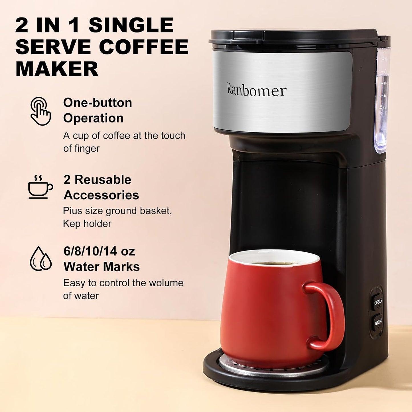 K Cup Coffee Maker, Single Serve coffee machine or Ground Coffee Machine 2 in 1, 6 to 14 Oz Brew Sizes, Mini One Cup Coffee Maker with Self cleaning Function, Fits Travel Mug, Black