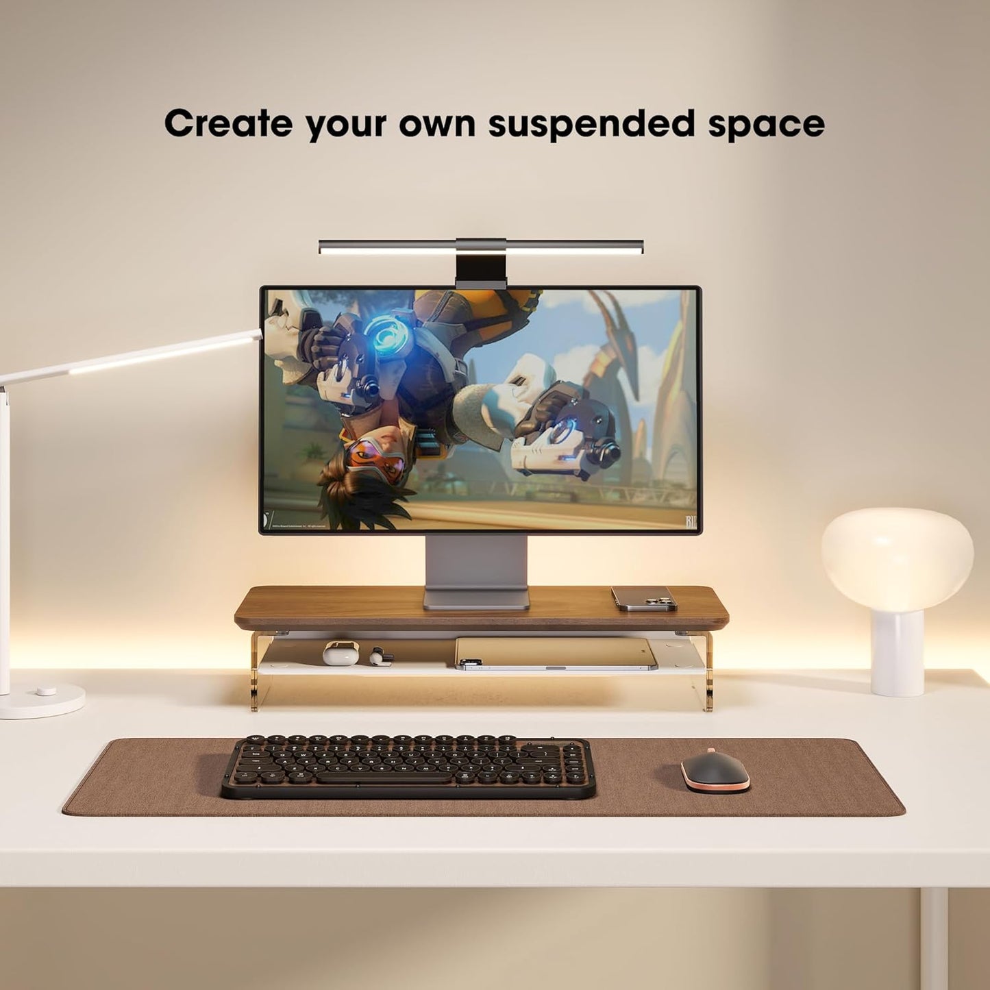 Fenge Acrylic Monitor Stand Riser, 23.6 Inches Monitor Stand with Metal Storage, 2 Tier Acrylic Computer Riser for Desk, Clear Laptop Stand for PC, Laptop, Printer, TV