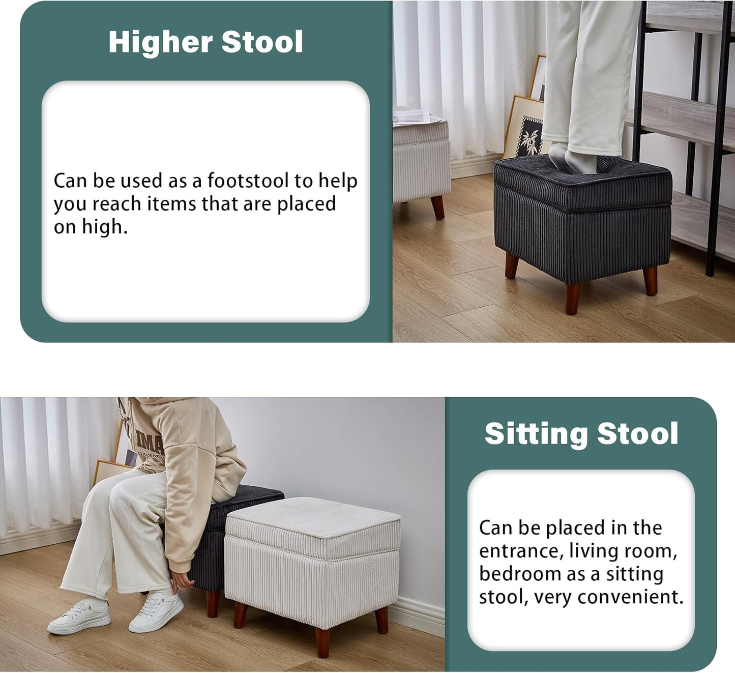 Storage Ottoman with Adjustable Lid, Soft Step Stool, Footrest and Seat, Ottoman Foot Rest for Living Room, Bedroom, Dorm, Dark Gray