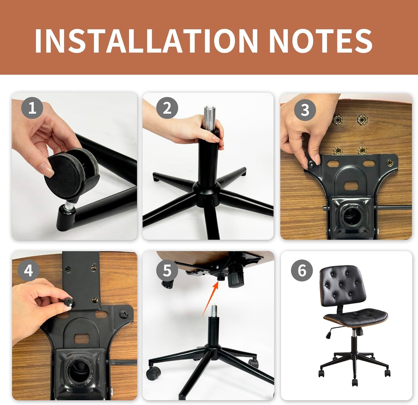 Small Home Office Chair – Armless Mid-Back Desk Chair with PU Leather, Adjustable Height, Swivel Wheels, Modern Walnut Legs for Small Spaces, Black