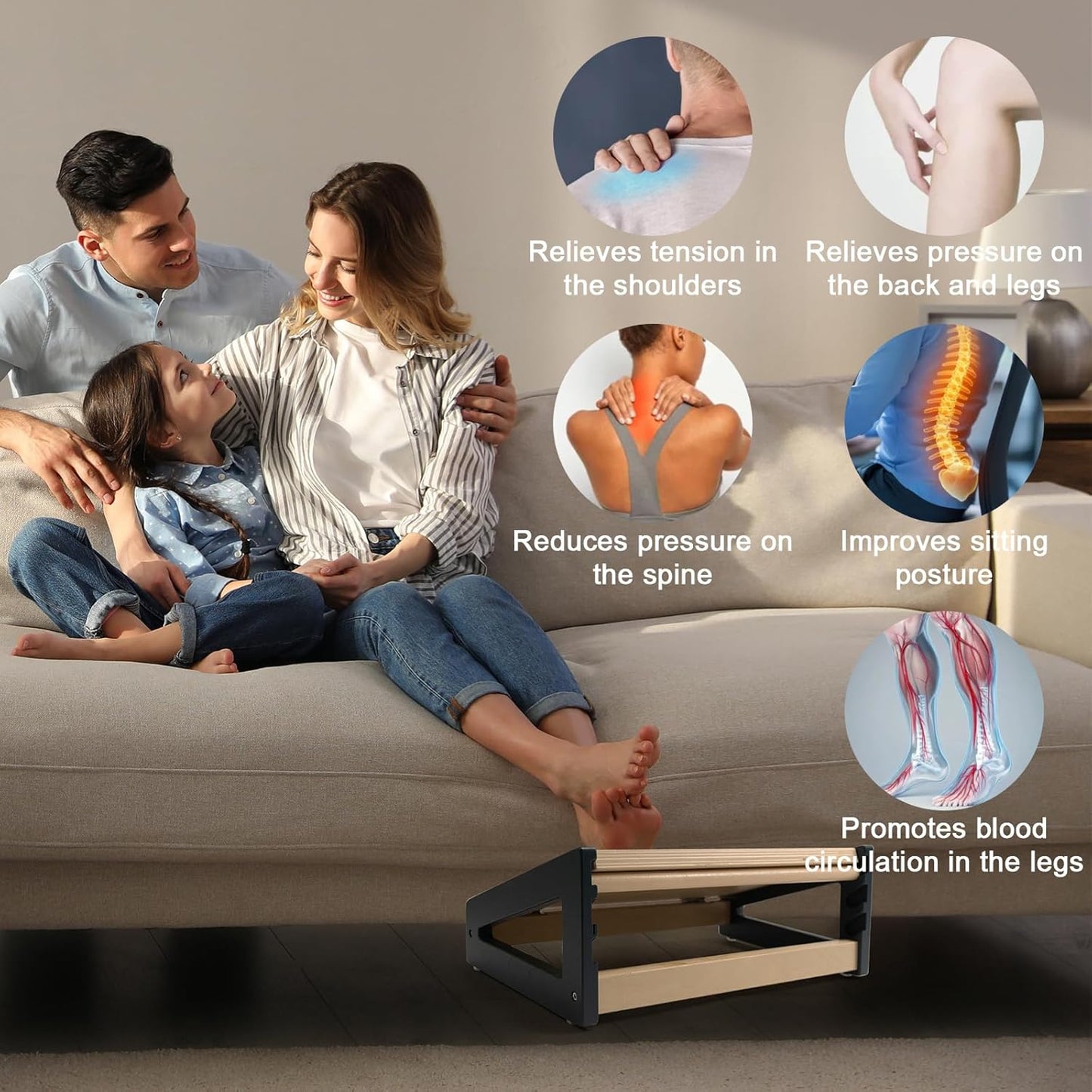 WOOD CITY Foot Rest for Under Desk at Work, 3 Heights Adjustable Footrest with Silicone Surface, 2in1 Foot Stool Improve Posture, Reduce Fatigue & Pain, Ideal for Home/Office/Gaming(Natural-Deep Blue)