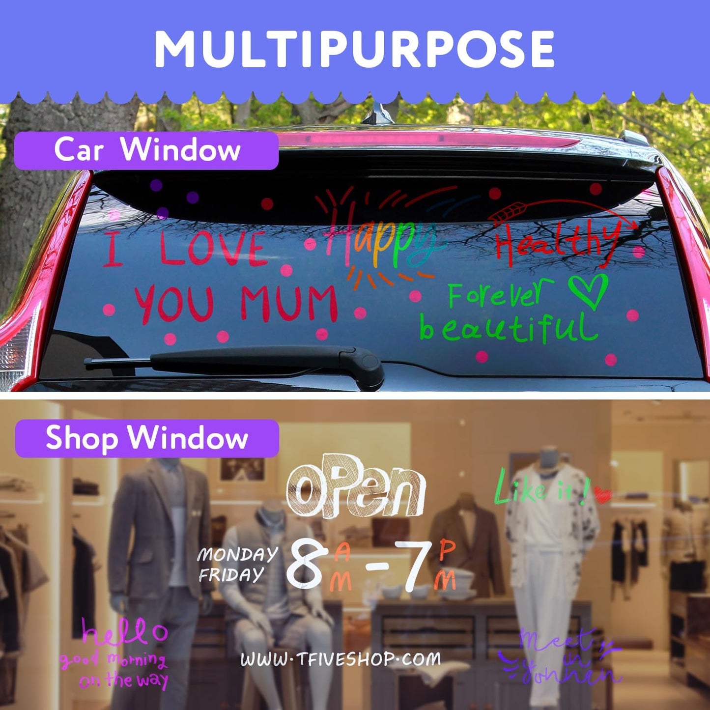 TFIVE Chalk Markers - 8 Color Chalk Pens and 24 Labels - Dry & Wet Erase, Reversible Tip, for Chalkboards, Signs, Windows, Blackboard, Glass, Mirrors, Liquid Chalk