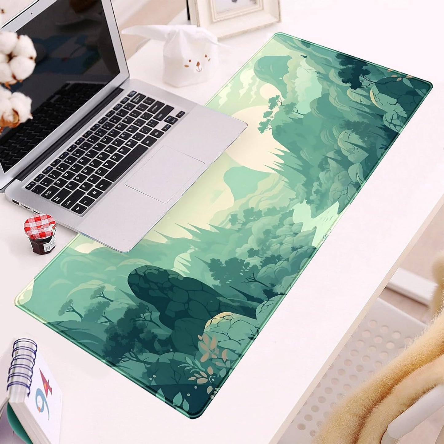 Cute Pastel Mint Green Forest Sage Desk Mat Anime Large Gaming Mouse Pad XL, Aesthetic Sunrise Laptop Computer Keyboard Mouse Mat, Women Office Desk Decor Cover Mat with Stitched Edges 31.5"x11.8"