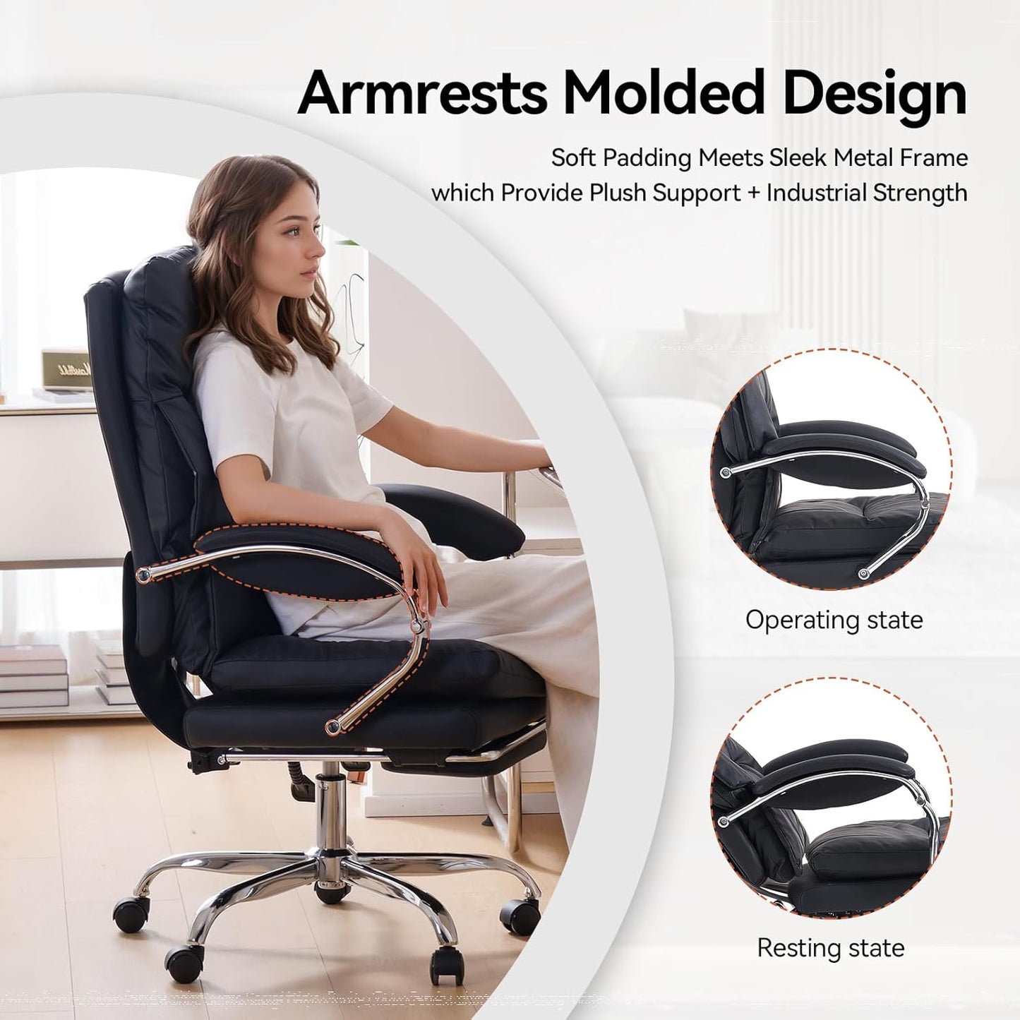LEAGOO Reclining Office Chair with Foot Rest, Executive Office Chairs with Arms, Ergonomic High Back PU Leather Comfy Swivel Computer Desk Chairs with Wheels and Lumbar Support for Home Office, Black